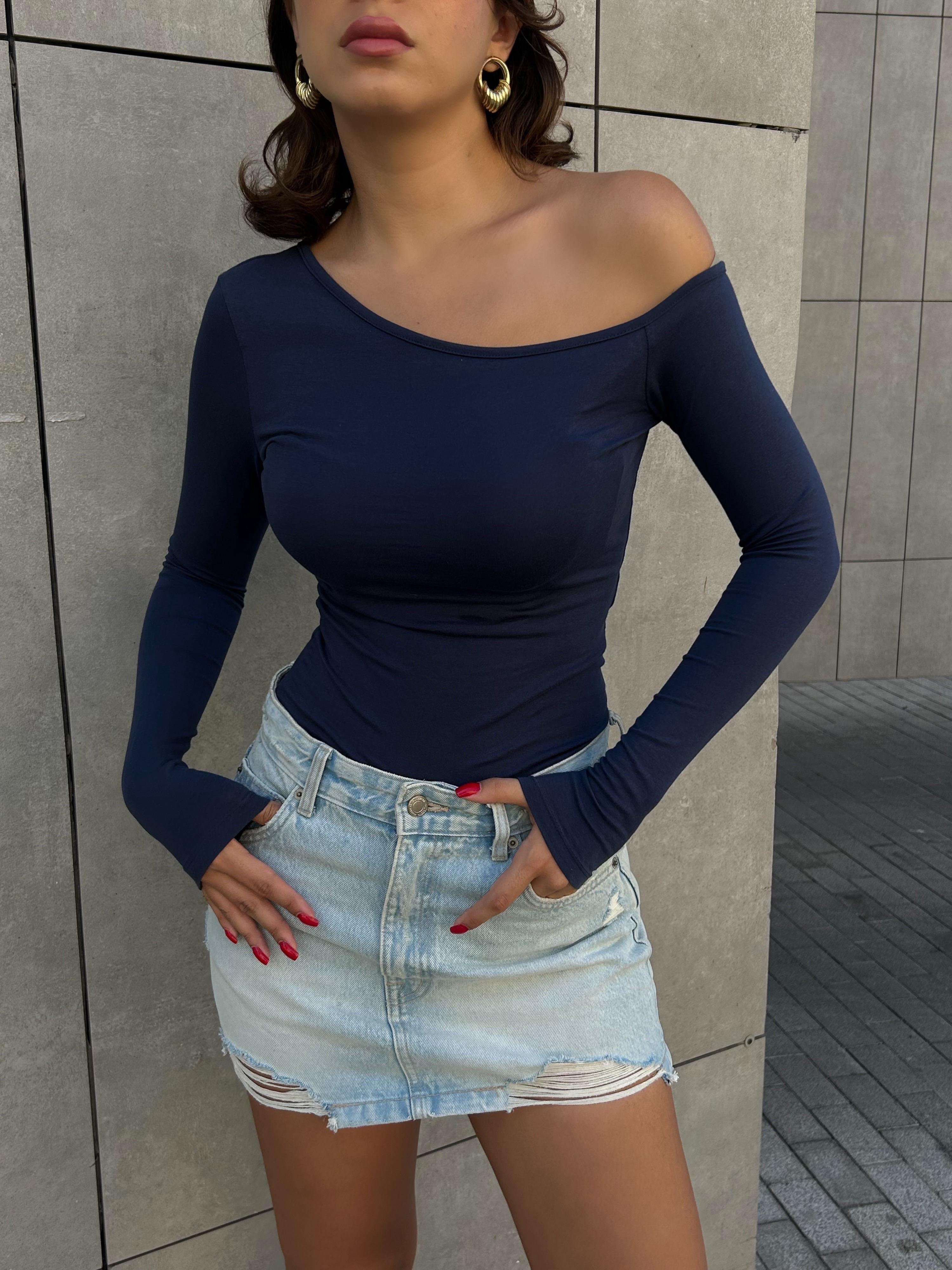 Kadın İndigo Kayık Yaka Pamuk Kumaş Bluz