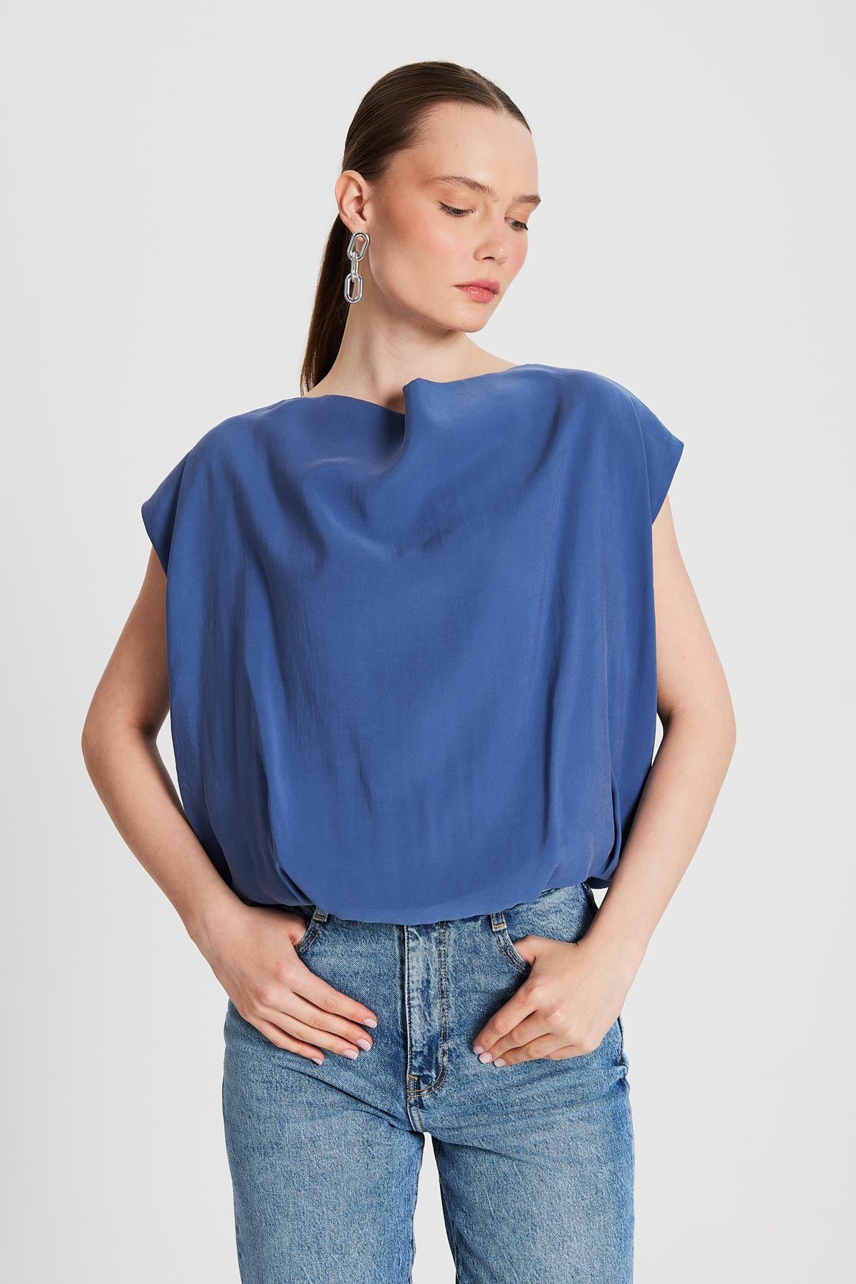 Kadın İndigo Modal Kumaş Balon Bluz 29140