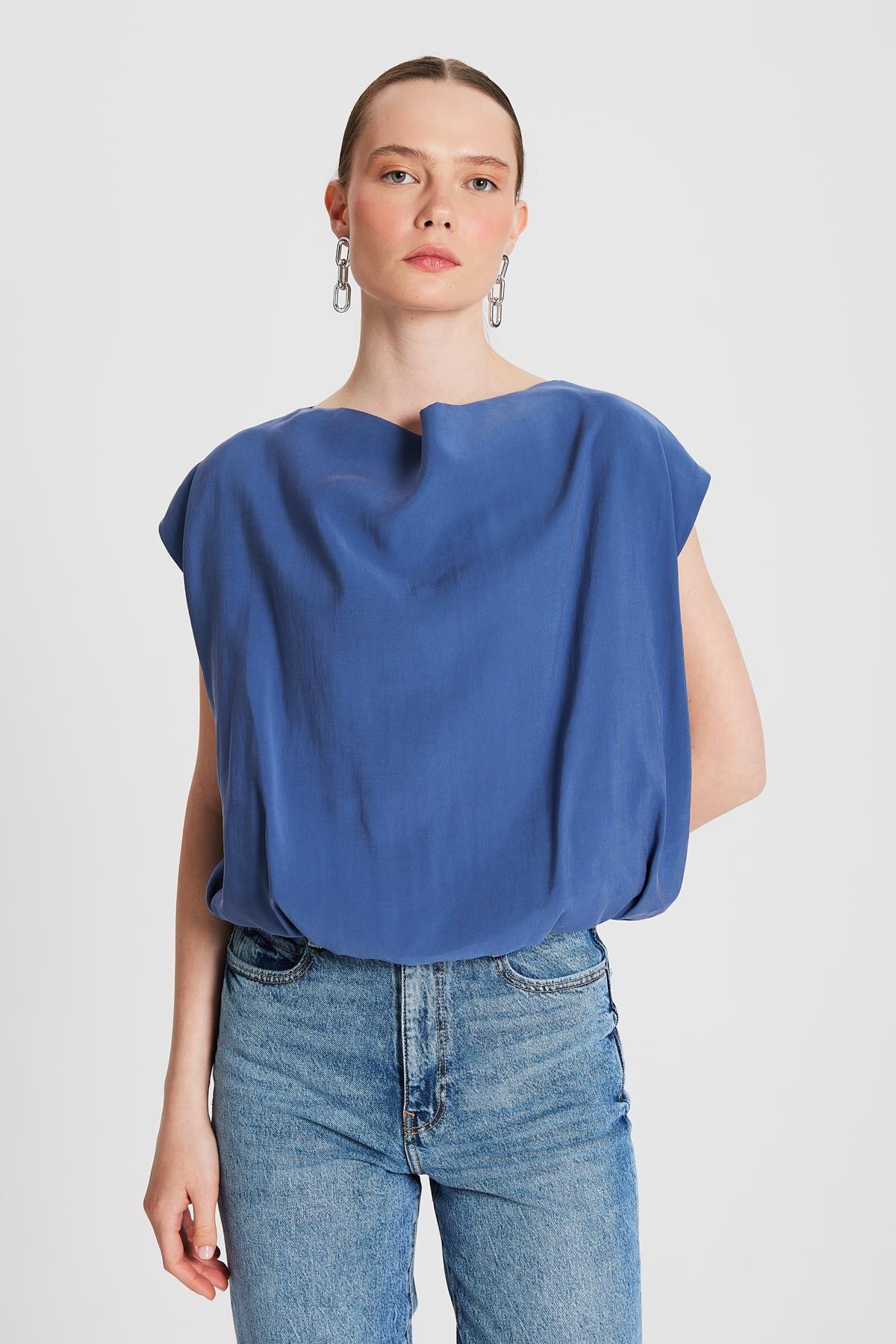 Kadın İndigo Modal Kumaş Balon Bluz 29140