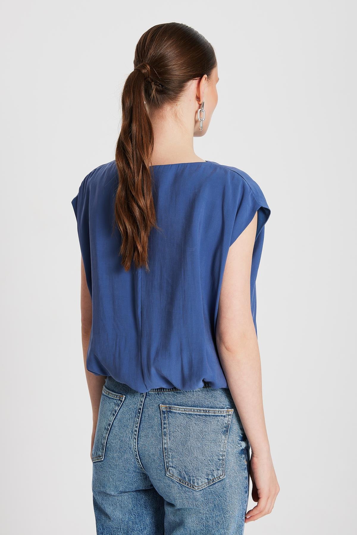 Kadın İndigo Modal Kumaş Balon Bluz 29140