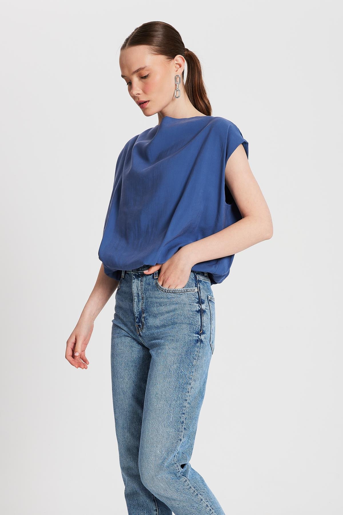 Kadın İndigo Modal Kumaş Balon Bluz 29140