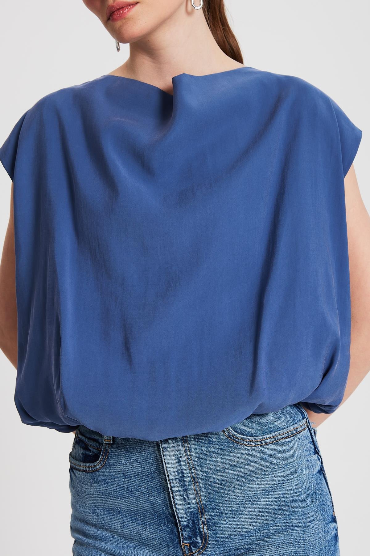 Kadın İndigo Modal Kumaş Balon Bluz 29140