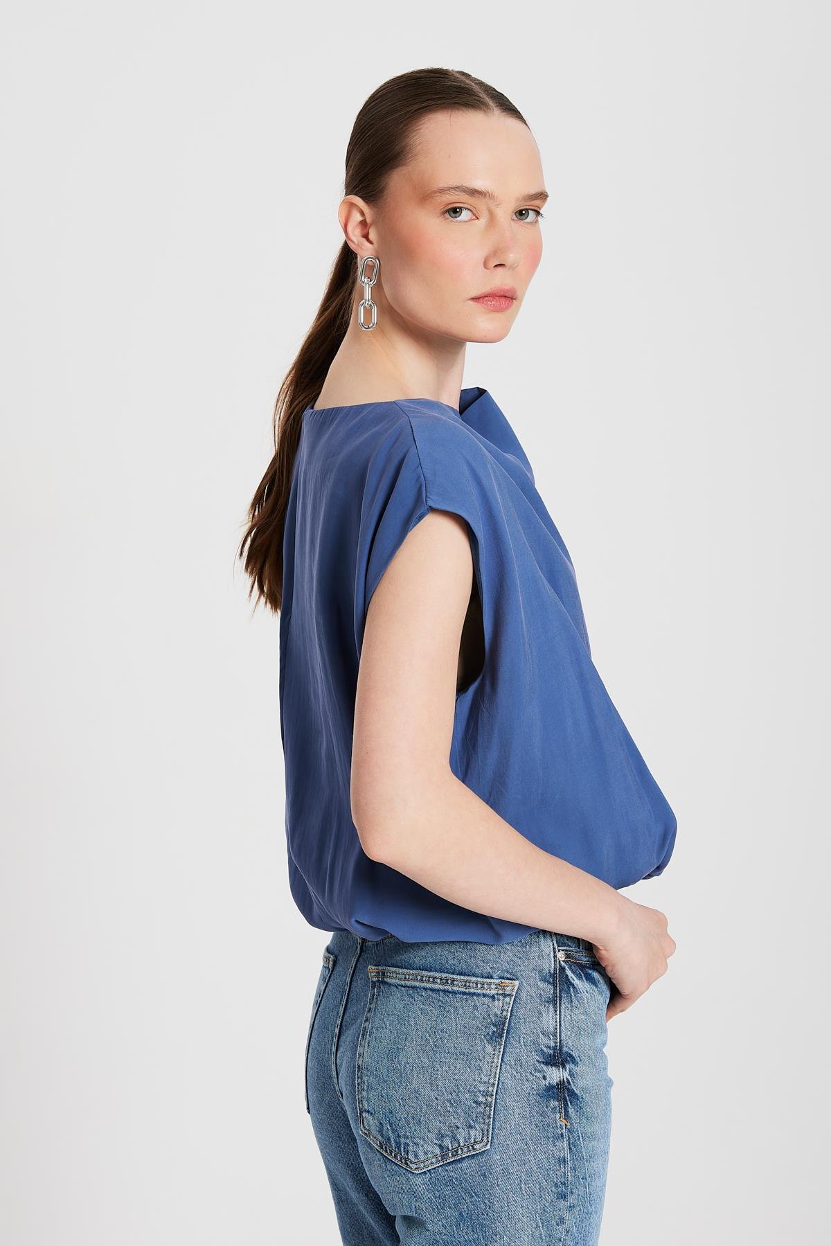 Kadın İndigo Modal Kumaş Balon Bluz 29140