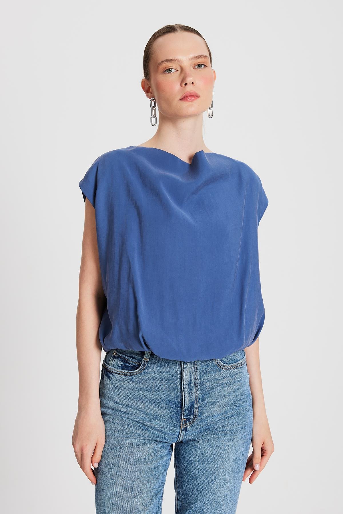 Kadın İndigo Modal Kumaş Balon Bluz 29140