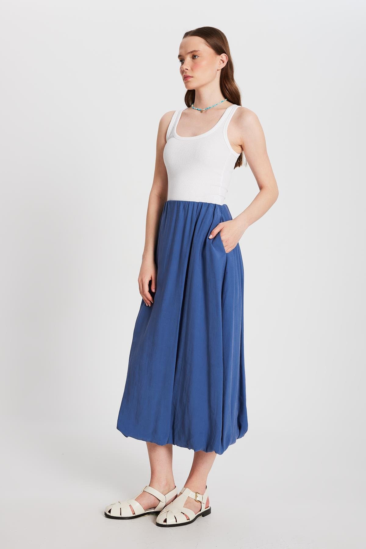 Kadın İndigo Modal Kumaş Balon Etek 29141