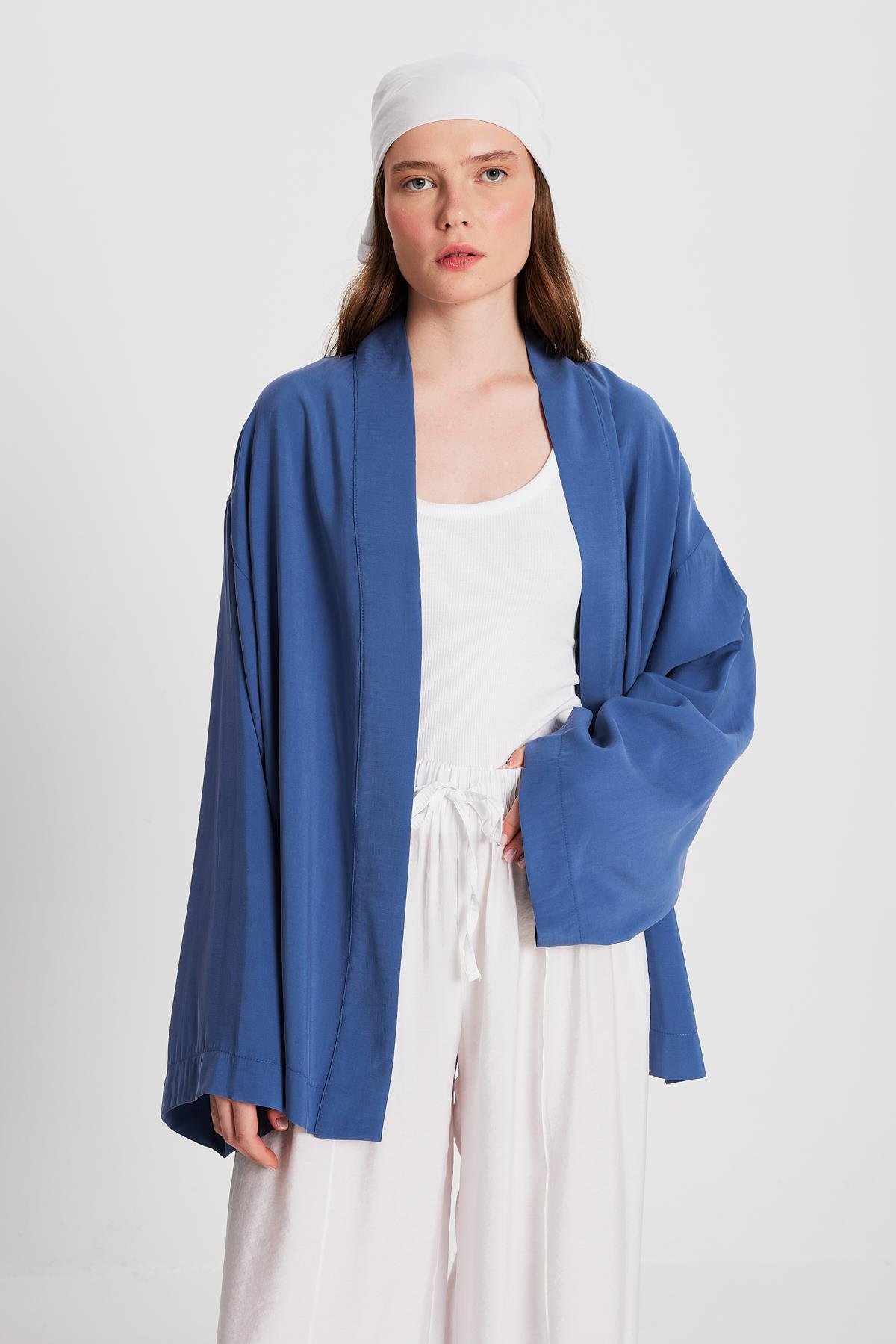 Kadın İndigo Oversize %100 Modal Bağlamalı Kimono Ceket 29146