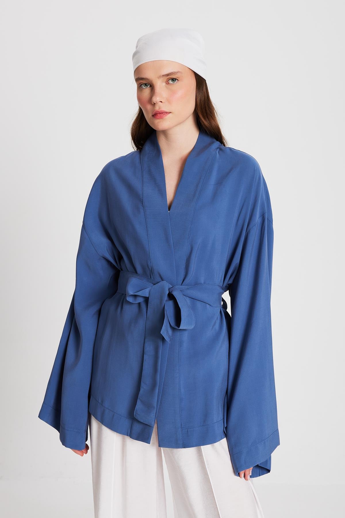 Kadın İndigo Oversize %100 Modal Bağlamalı Kimono Ceket 29146
