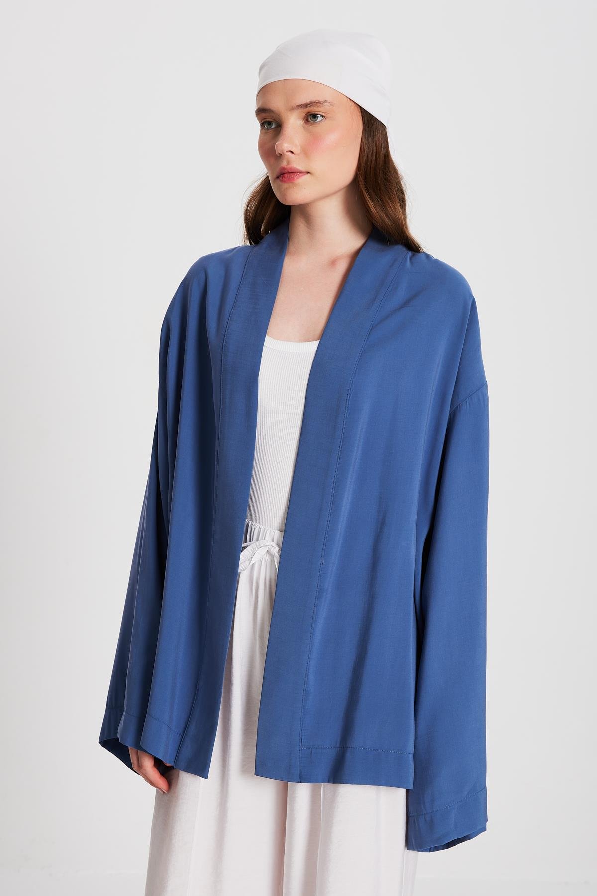 Kadın İndigo Oversize %100 Modal Bağlamalı Kimono Ceket 29146