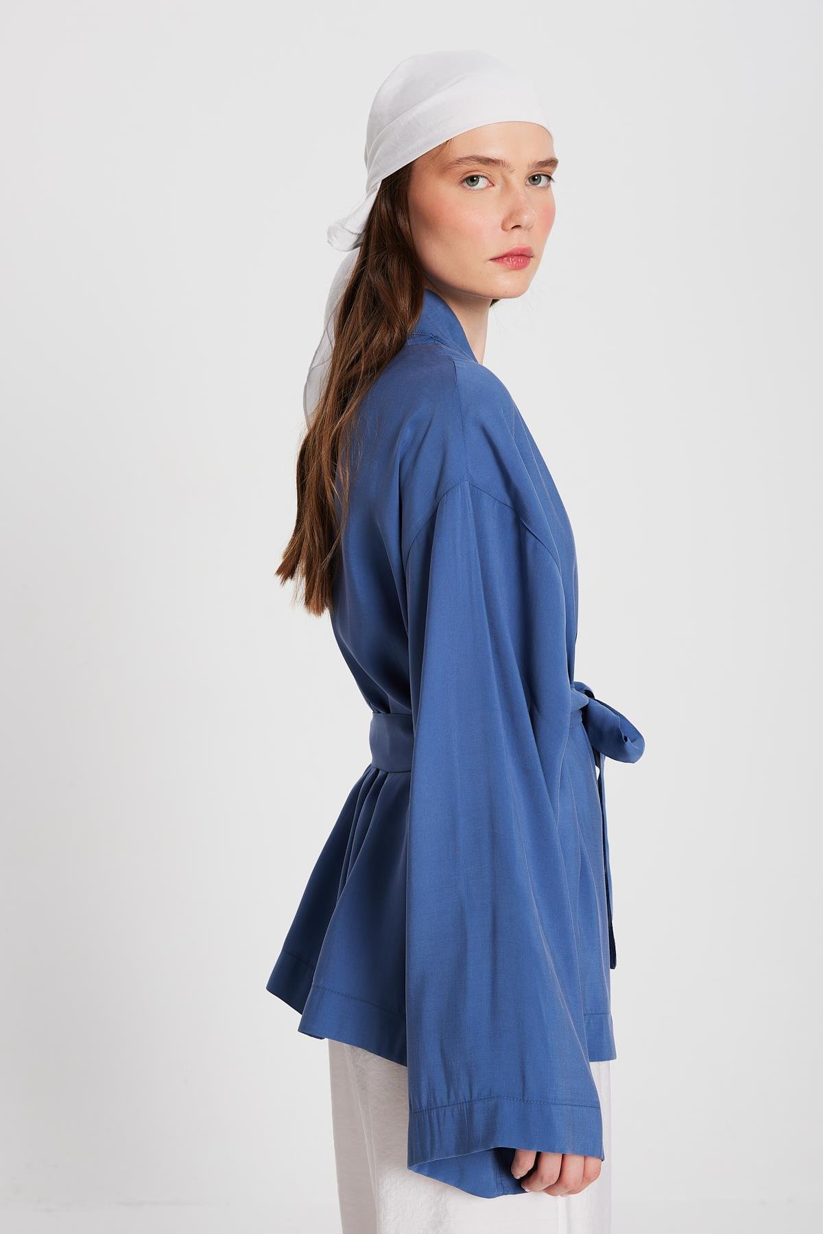 Kadın İndigo Oversize %100 Modal Bağlamalı Kimono Ceket 29146