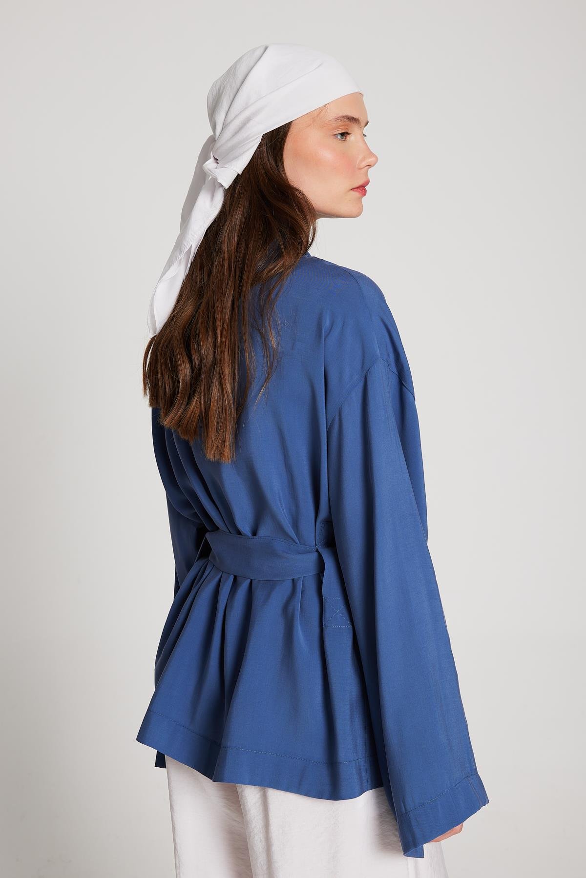 Kadın İndigo Oversize %100 Modal Bağlamalı Kimono Ceket 29146