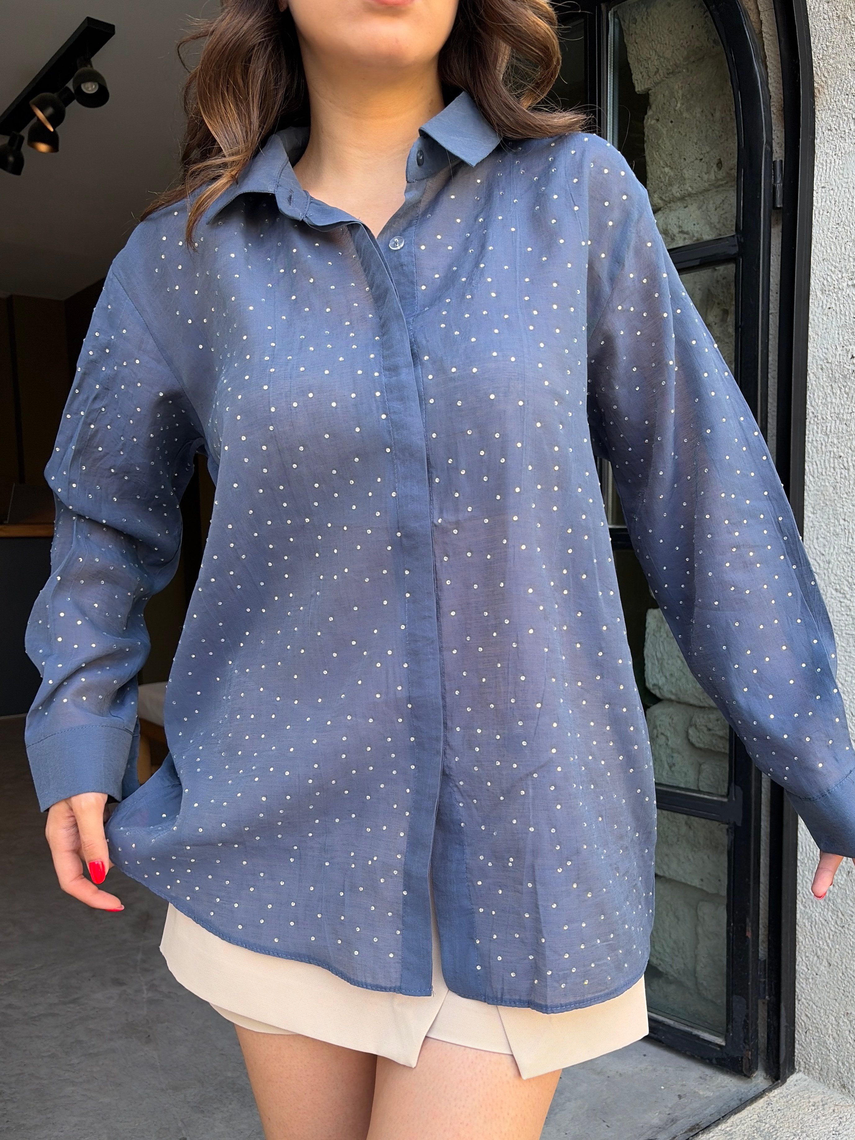 Kadın İndigo Simli Oversize Cömlek 31020
