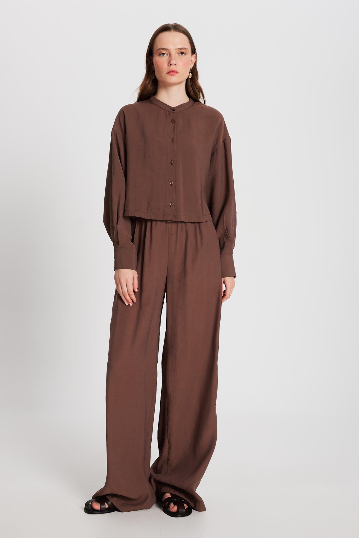 Kadın Kahve %100 Modal Bol Kesim Yanları Şeritli Pantolon 29139