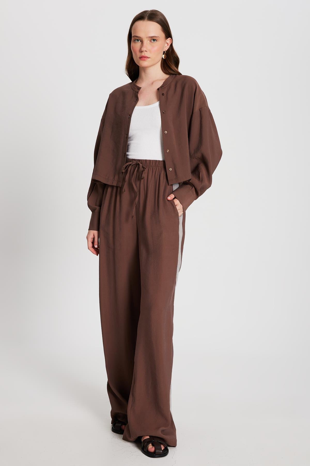 Kadın Kahve %100 Modal Bol Kesim Yanları Şeritli Pantolon 29139