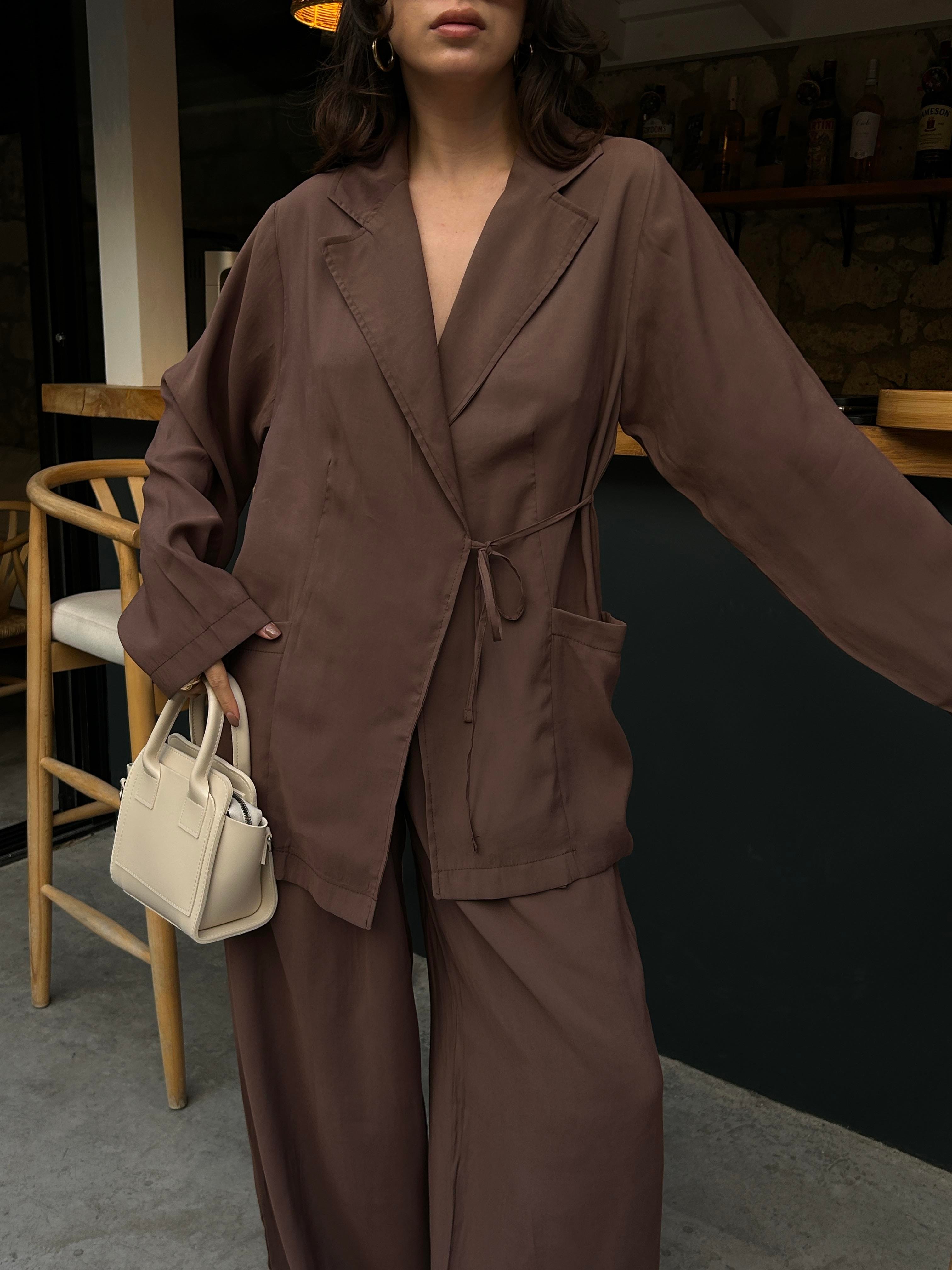 Kadın Kahve %100 Modal Kumaş Bağlamalı Oversize Ceket 29106