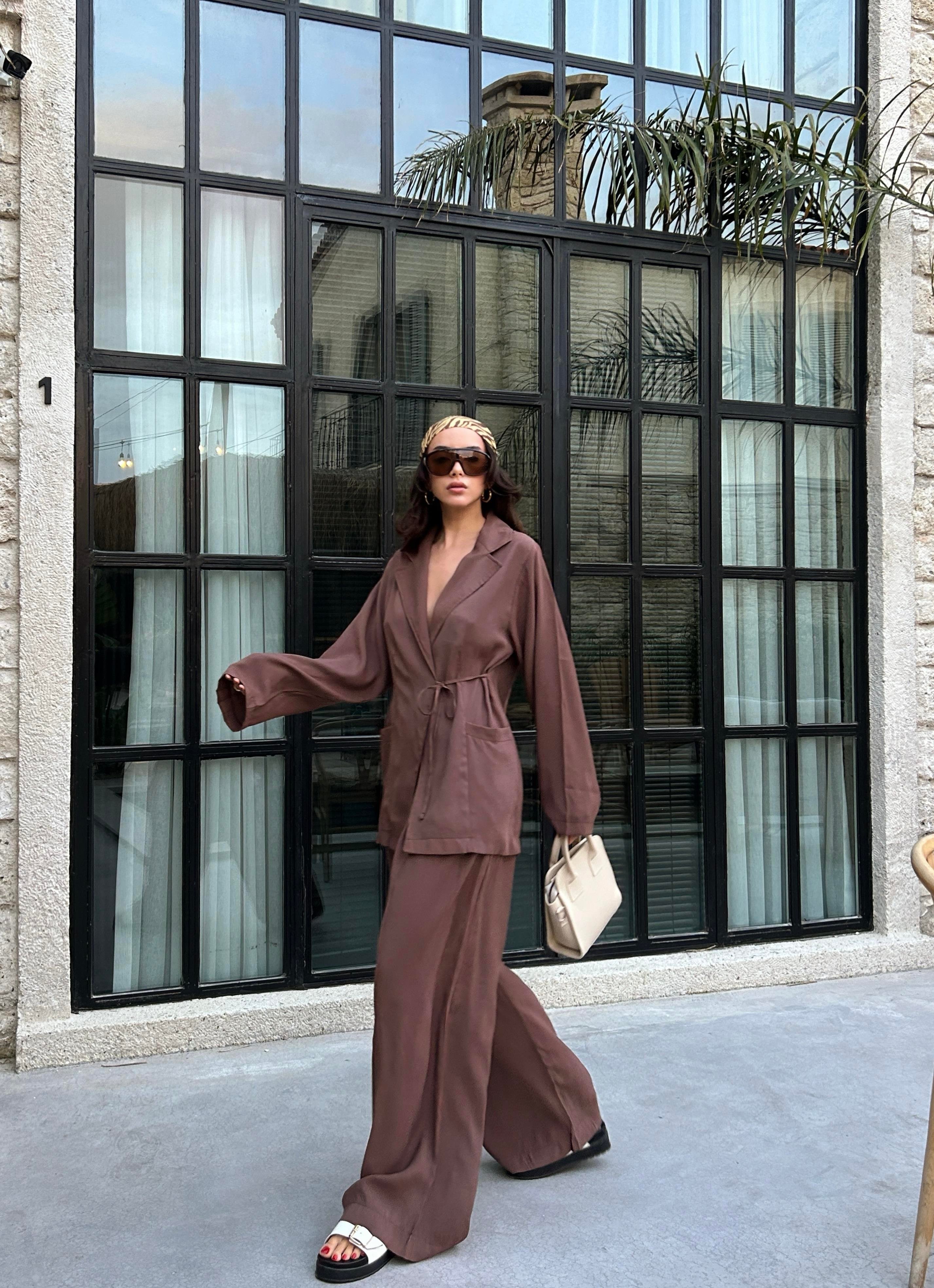 Kadın Kahve %100 Modal Kumaş Bağlamalı Oversize Ceket 29106