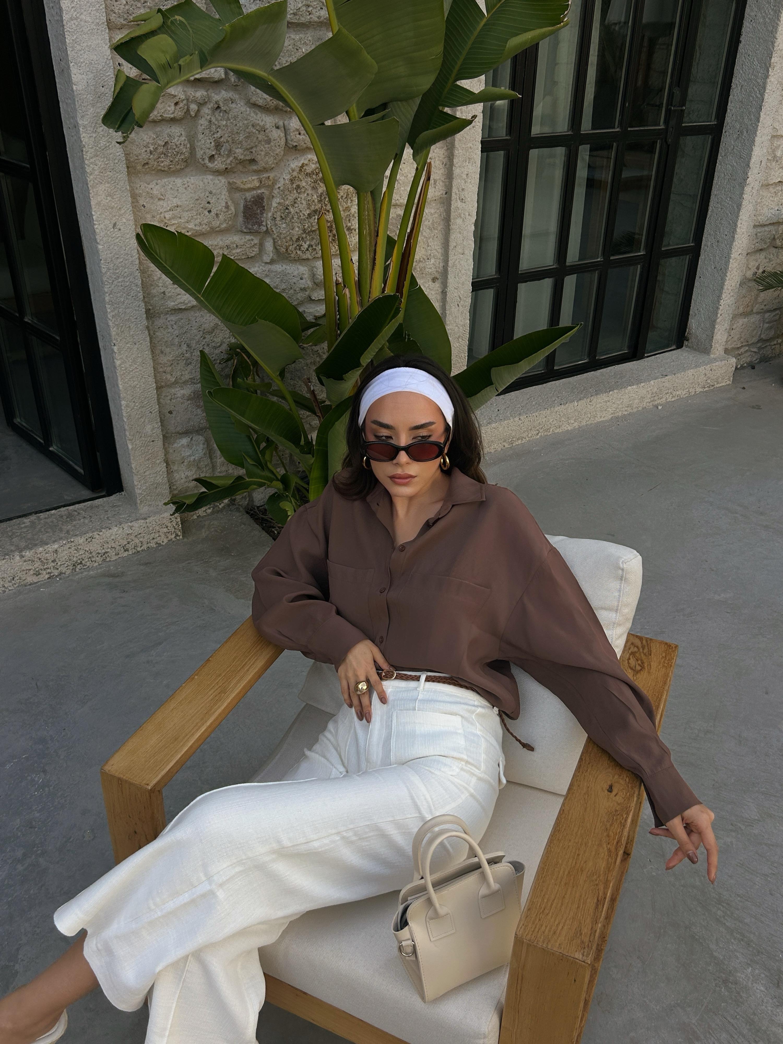 Kadın Kahve %100 Modal Kumaş Cep Detaylı Oversize Uzun Gömlek 29108