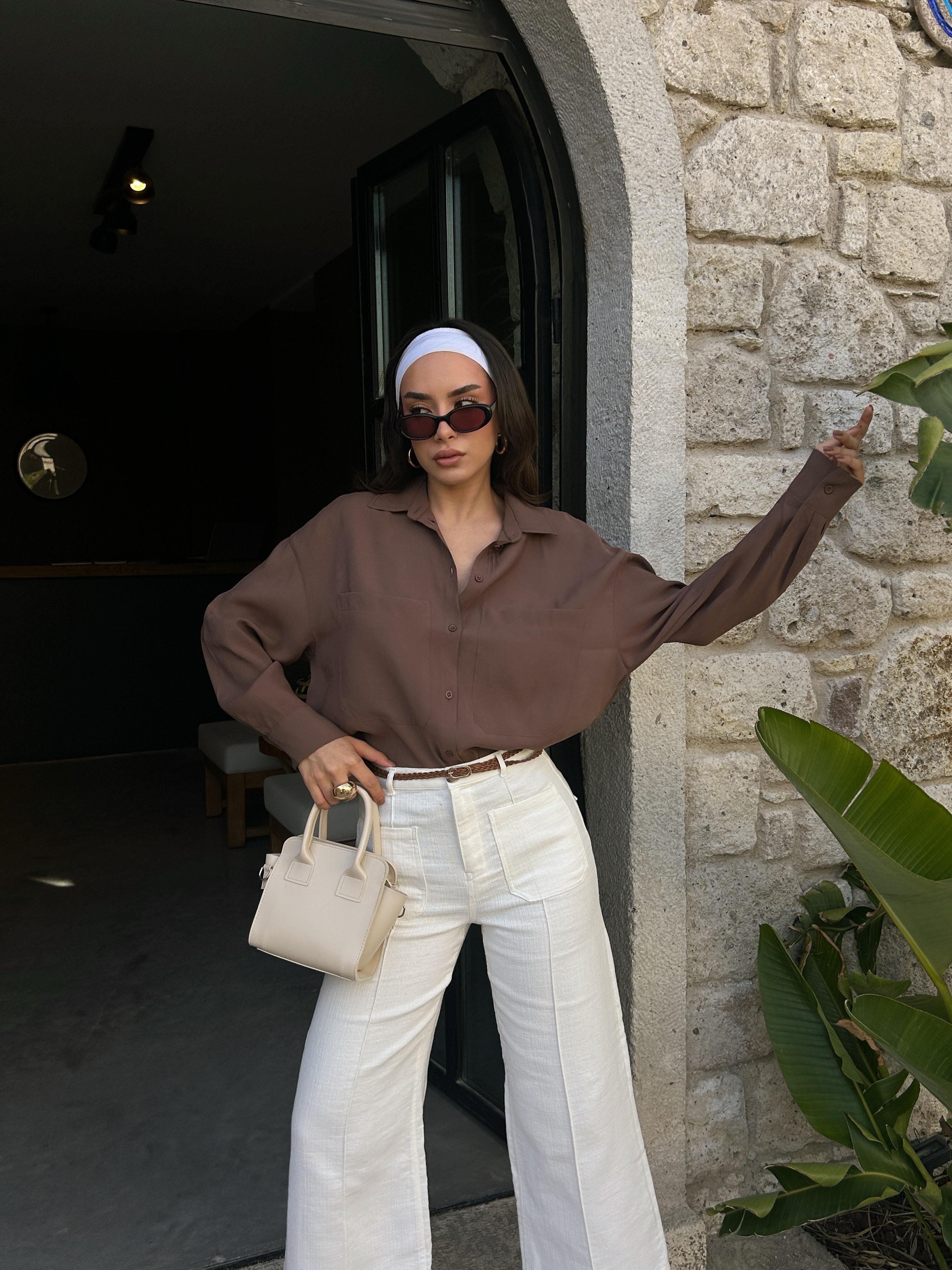 Kadın Kahve %100 Modal Kumaş Cep Detaylı Oversize Uzun Gömlek 29108