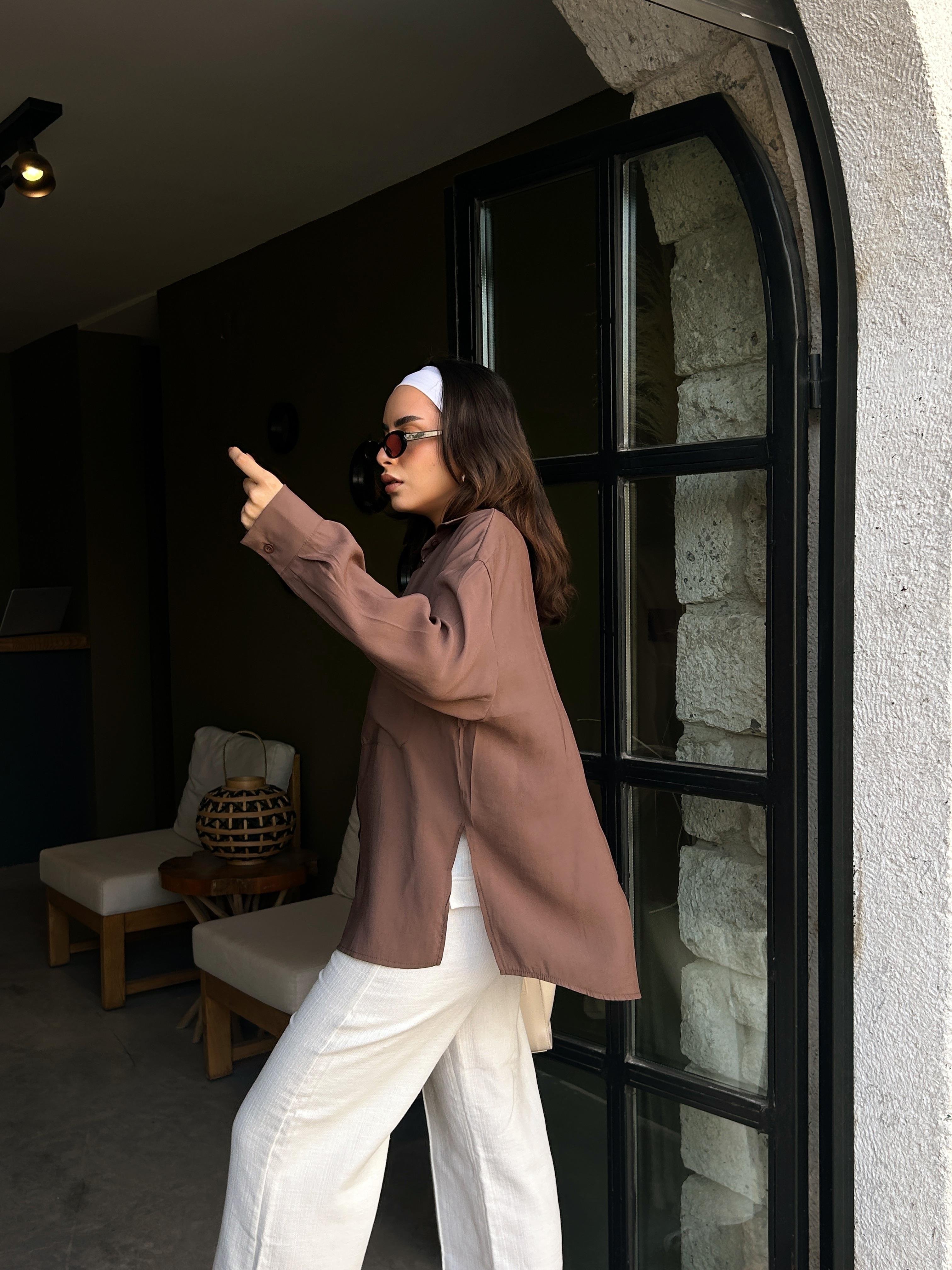 Kadın Kahve %100 Modal Kumaş Cep Detaylı Oversize Uzun Gömlek 29108