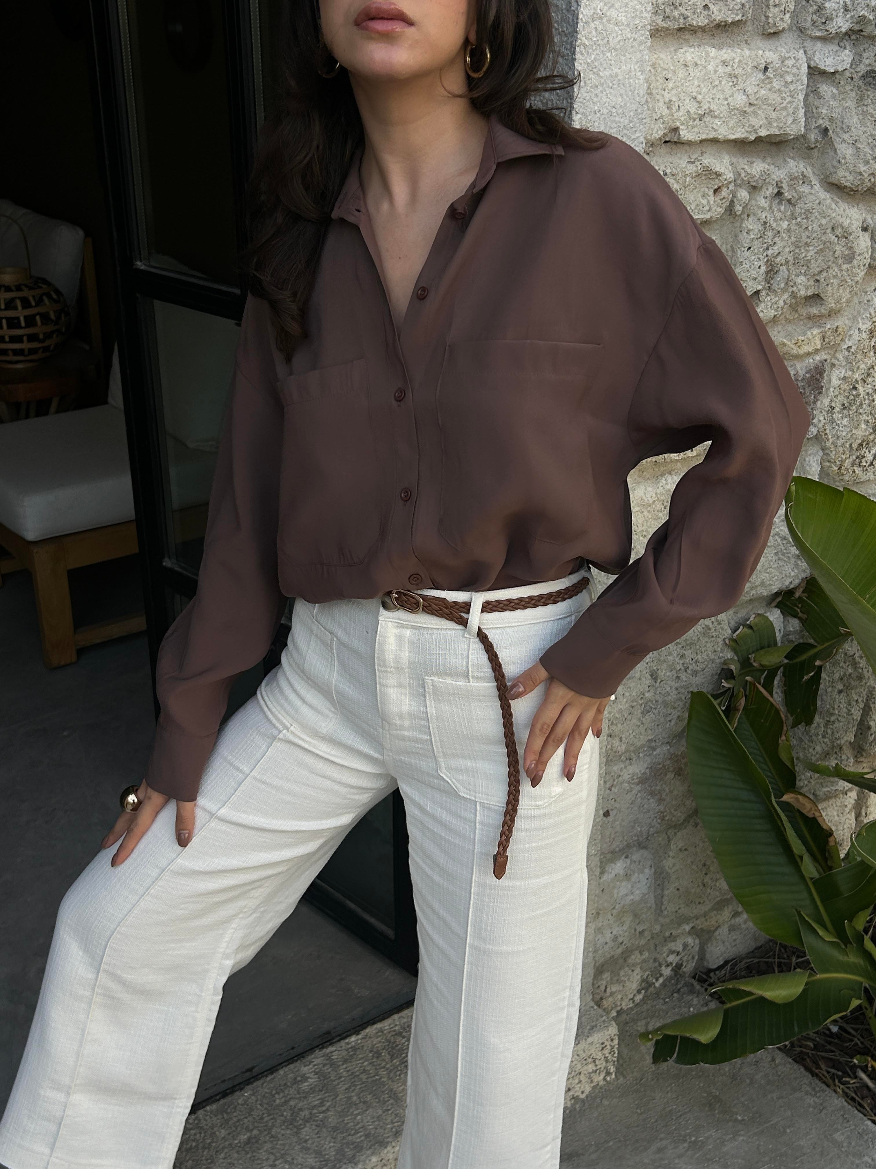 Kadın Kahve %100 Modal Kumaş Cep Detaylı Oversize Uzun Gömlek 29108