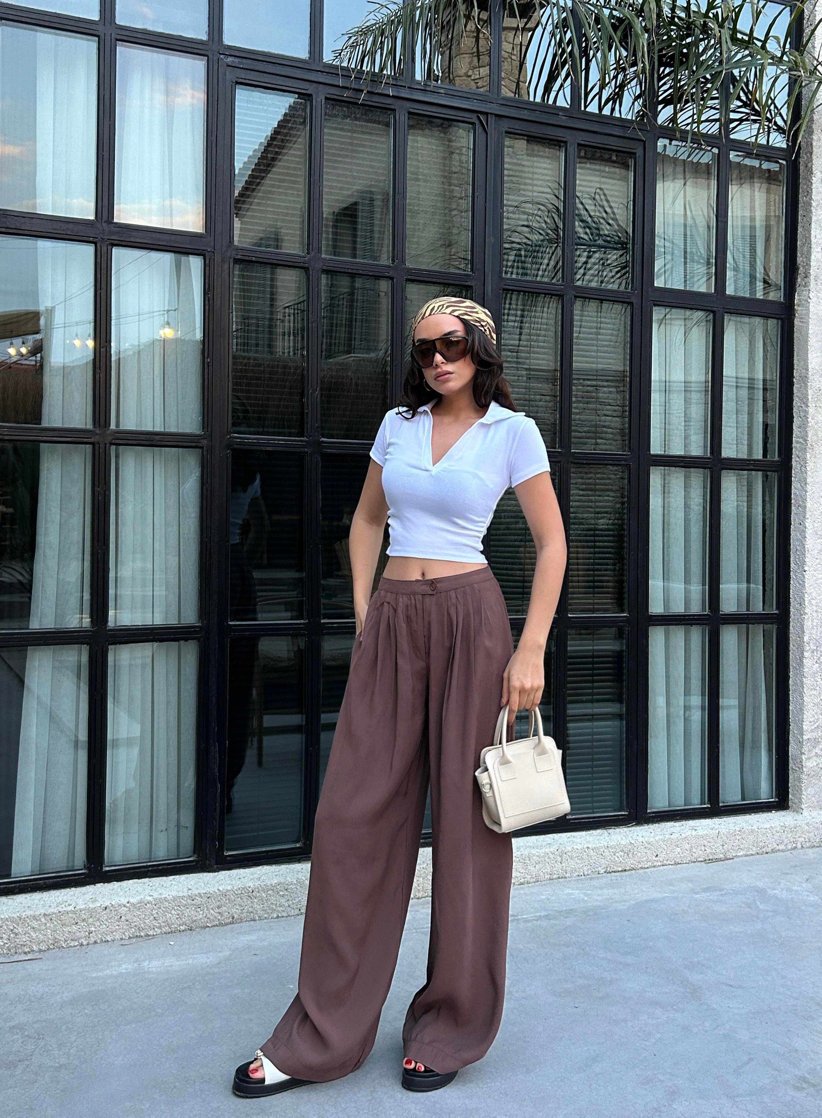 Kadın Kahve %100 Modal Kumaş Pileli Geniş Kesim Pantolon 29110