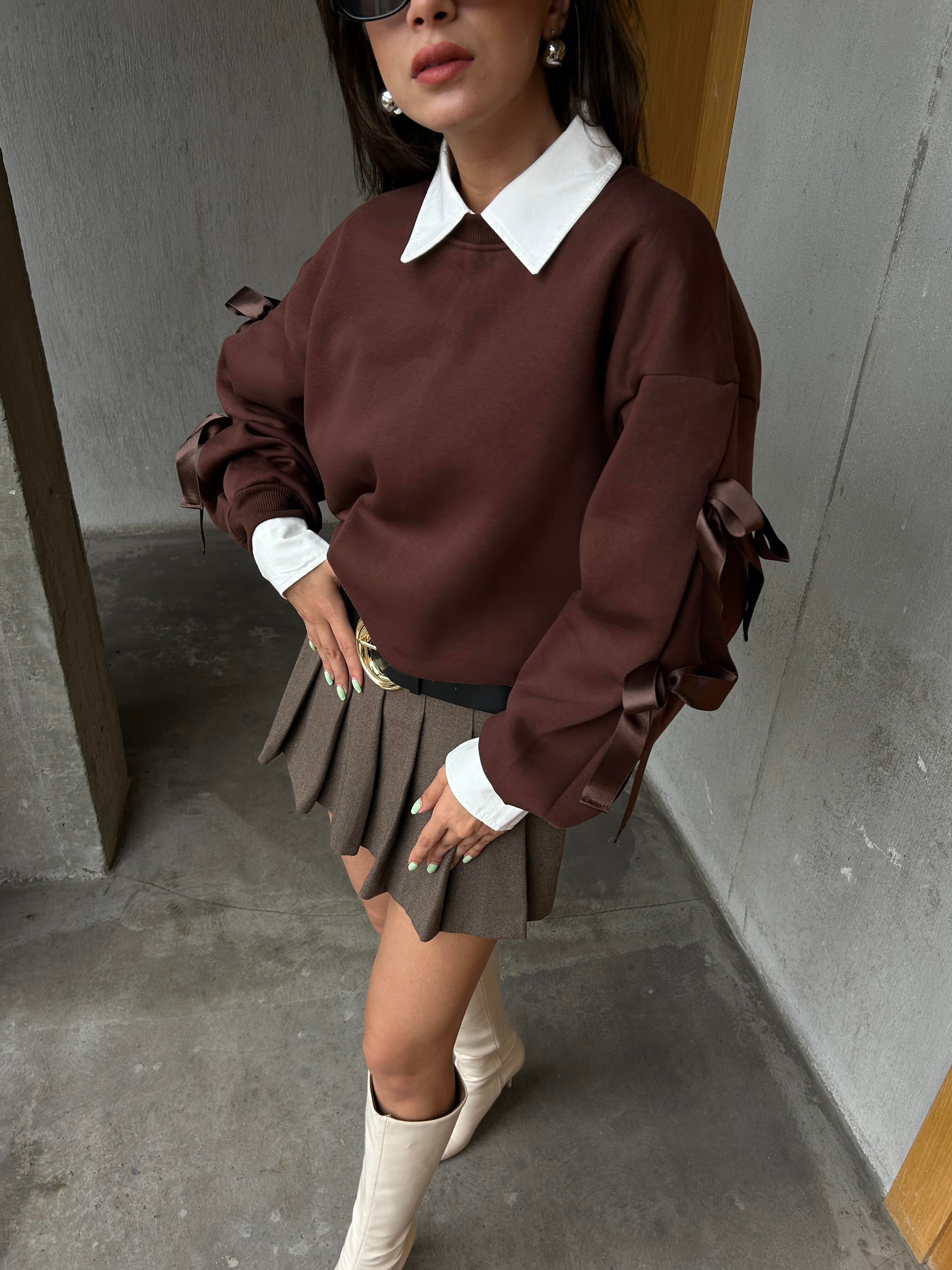 Kadın Kahve 3 İplik Şardonlu Geniş Kesim Kurdele Detaylı Sweatshirt 28318