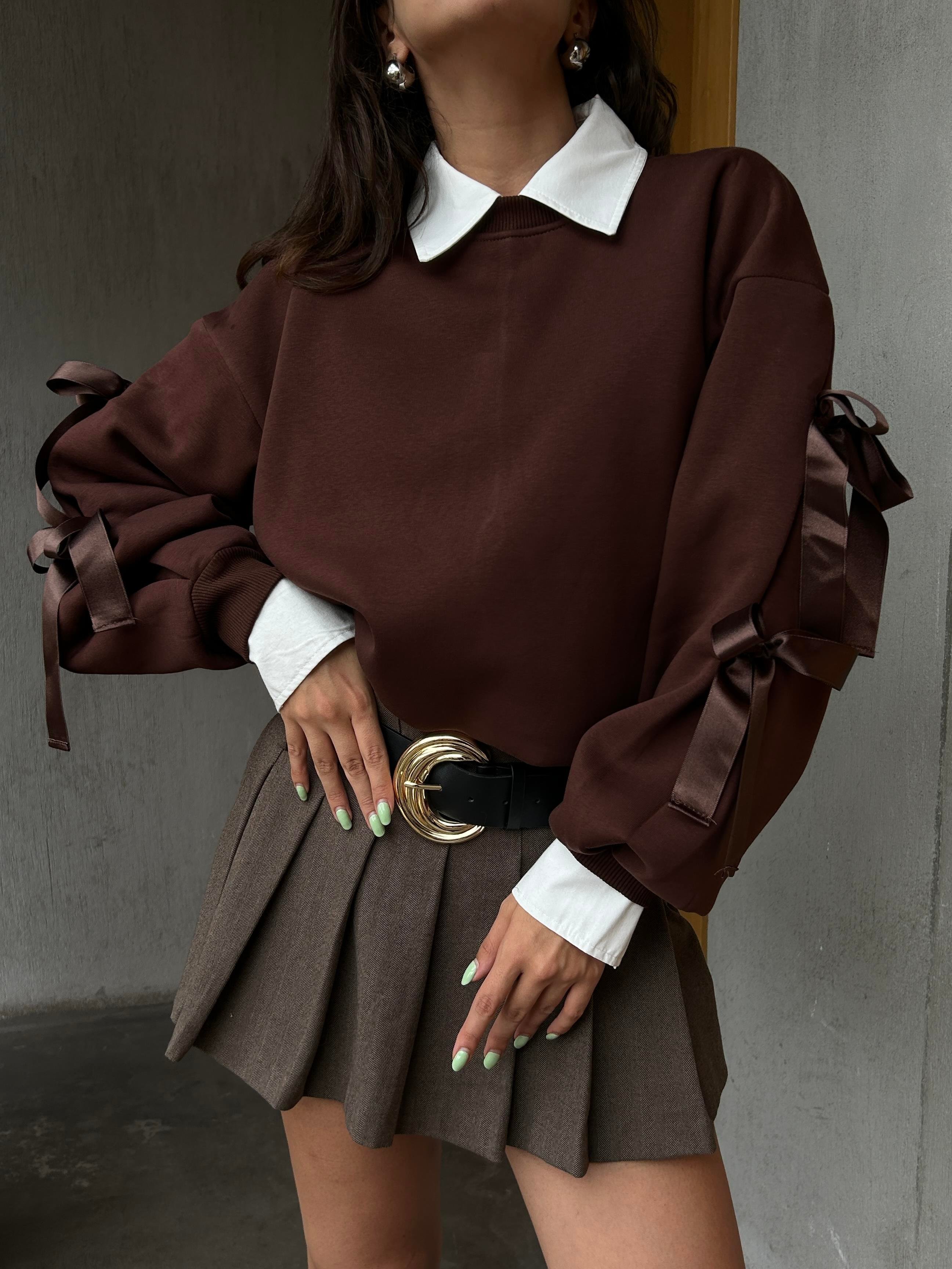 Kadın Kahve 3 İplik Şardonlu Geniş Kesim Kurdele Detaylı Sweatshirt 28318