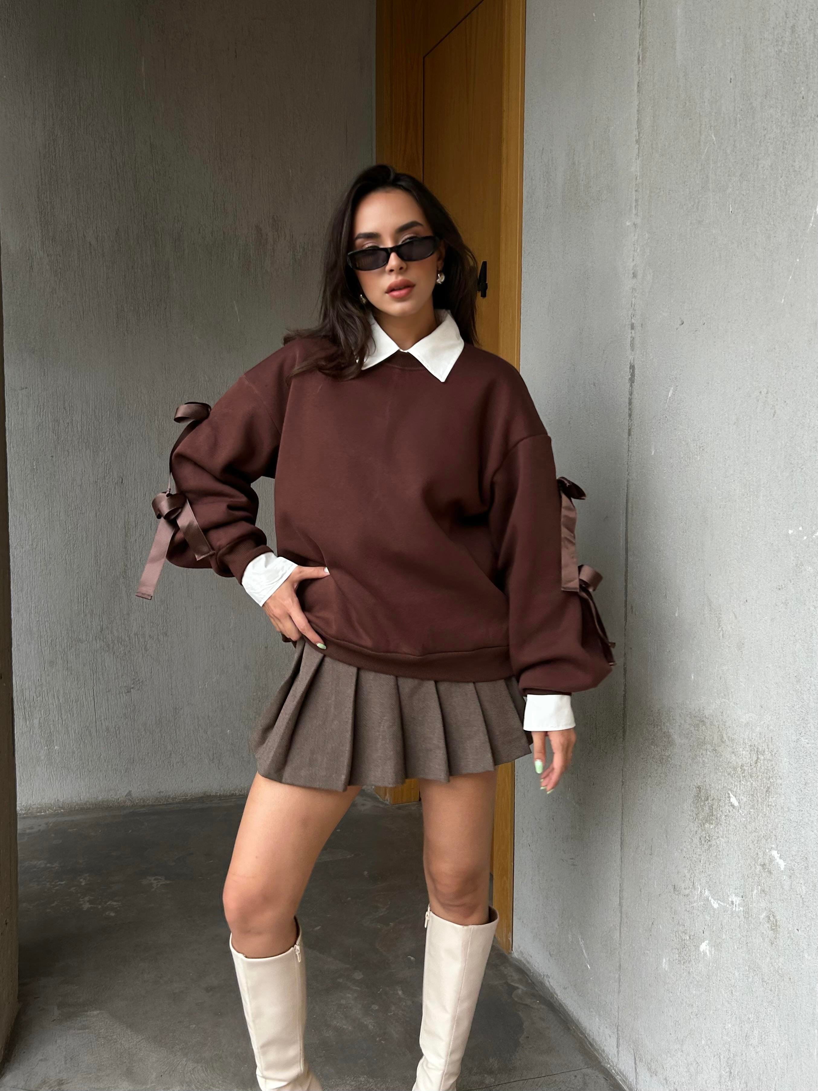 Kadın Kahve 3 İplik Şardonlu Geniş Kesim Kurdele Detaylı Sweatshirt 28318