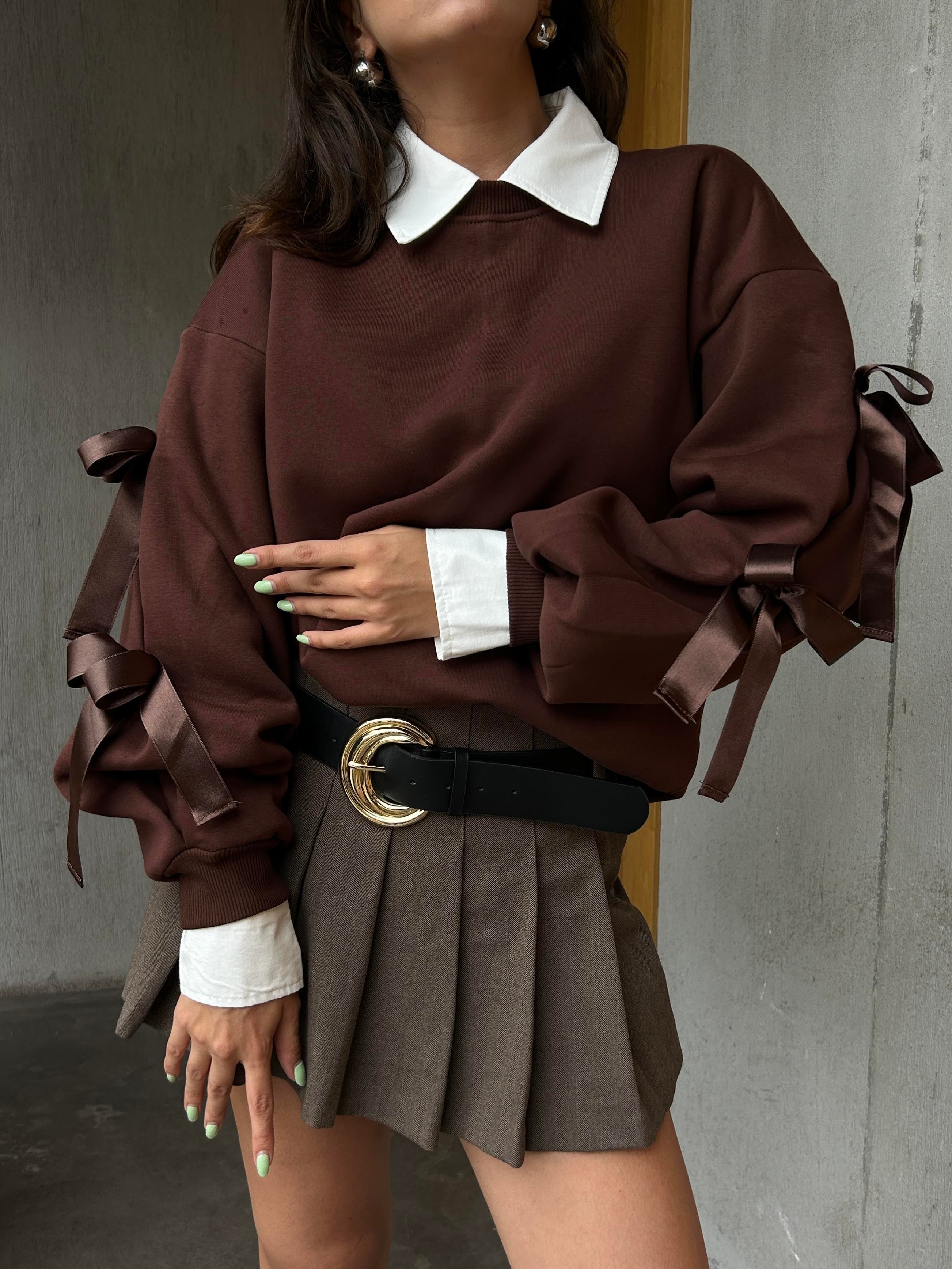 Kadın Kahve 3 İplik Şardonlu Geniş Kesim Kurdele Detaylı Sweatshirt 28318