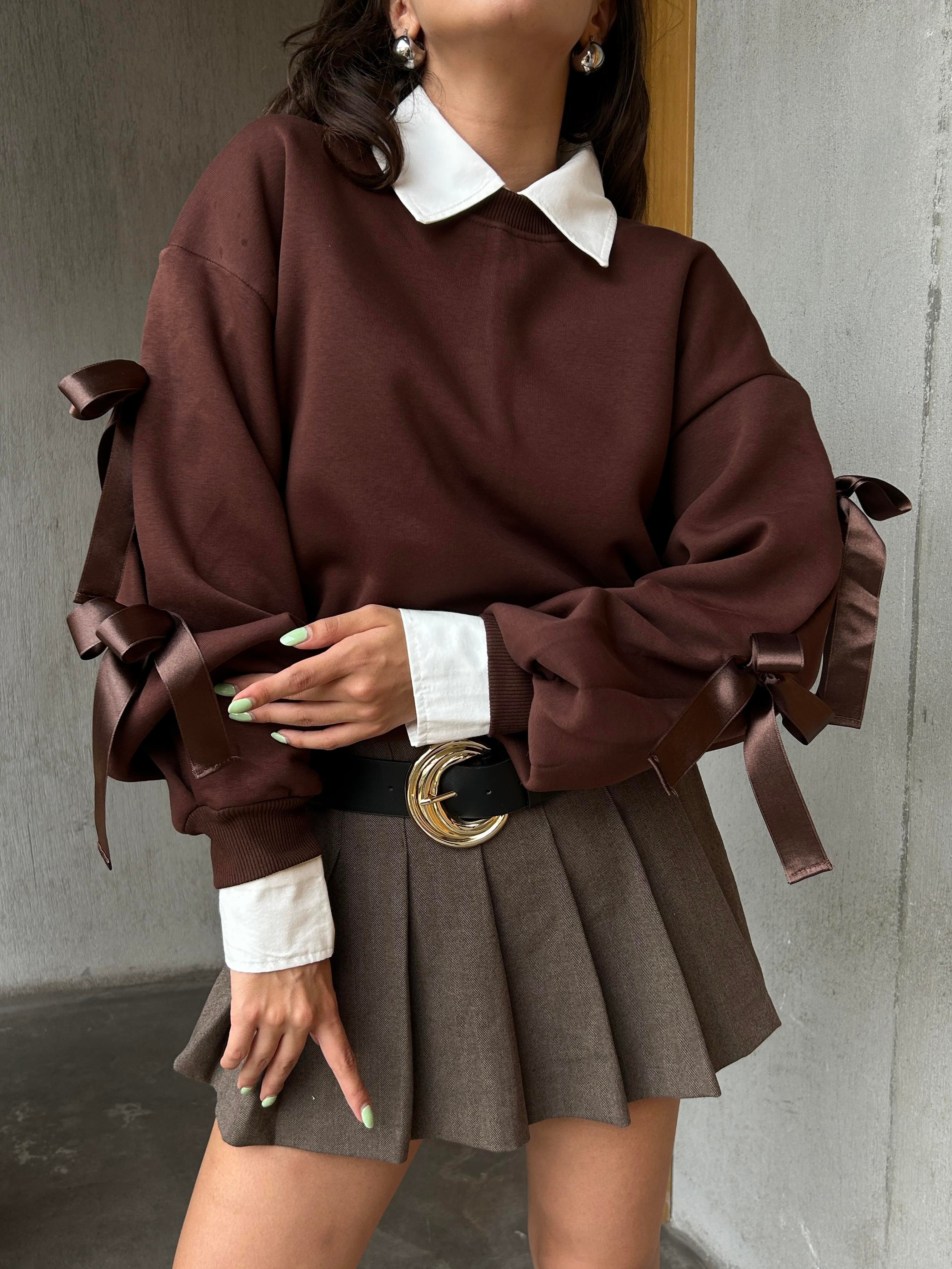 Kadın Kahve 3 İplik Şardonlu Geniş Kesim Kurdele Detaylı Sweatshirt 28318