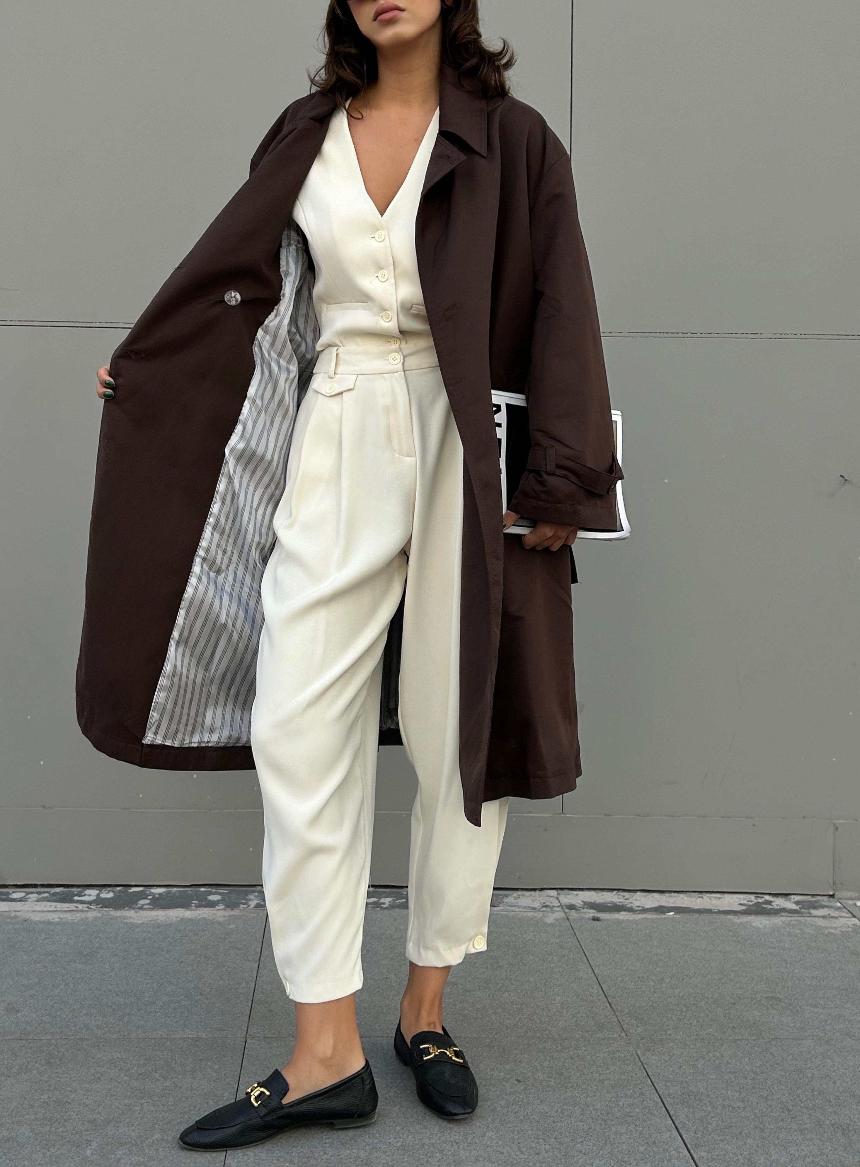 Kadın Kahve Astarı Çizgi Desenli Oversize Trençkot 28119