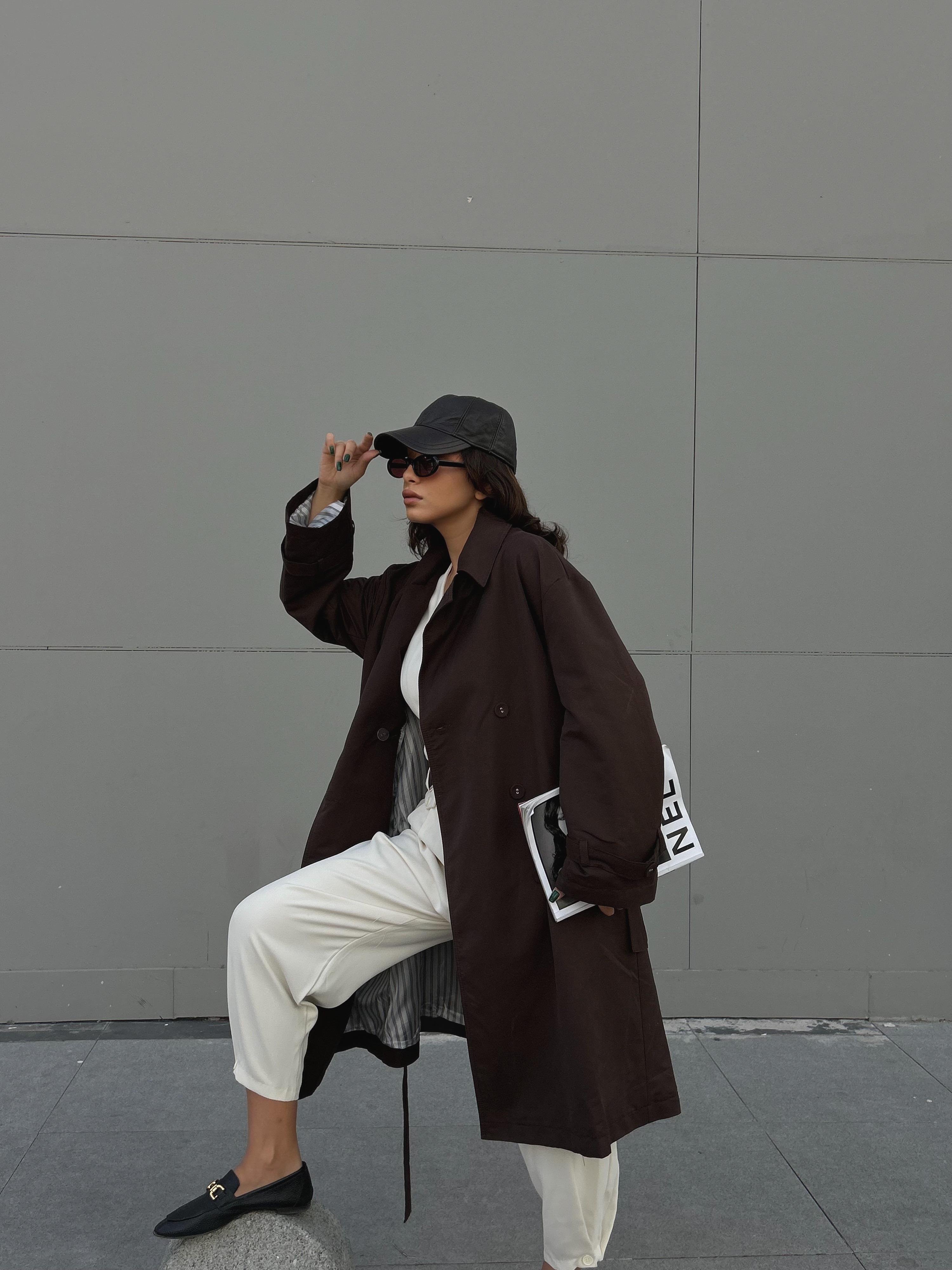 Kadın Kahve Astarı Çizgi Desenli Oversize Trençkot 28119