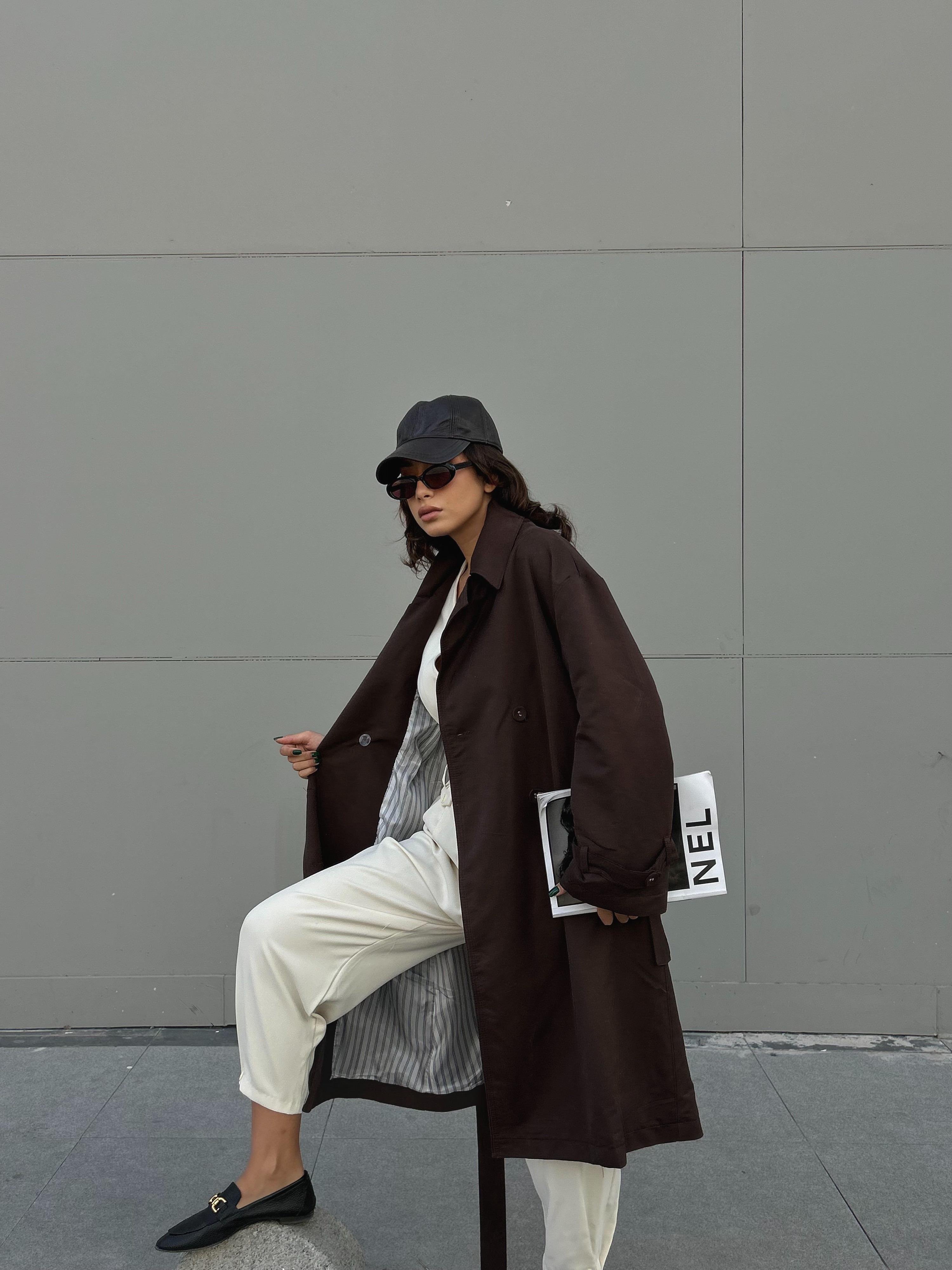 Kadın Kahve Astarı Çizgi Desenli Oversize Trençkot 28119