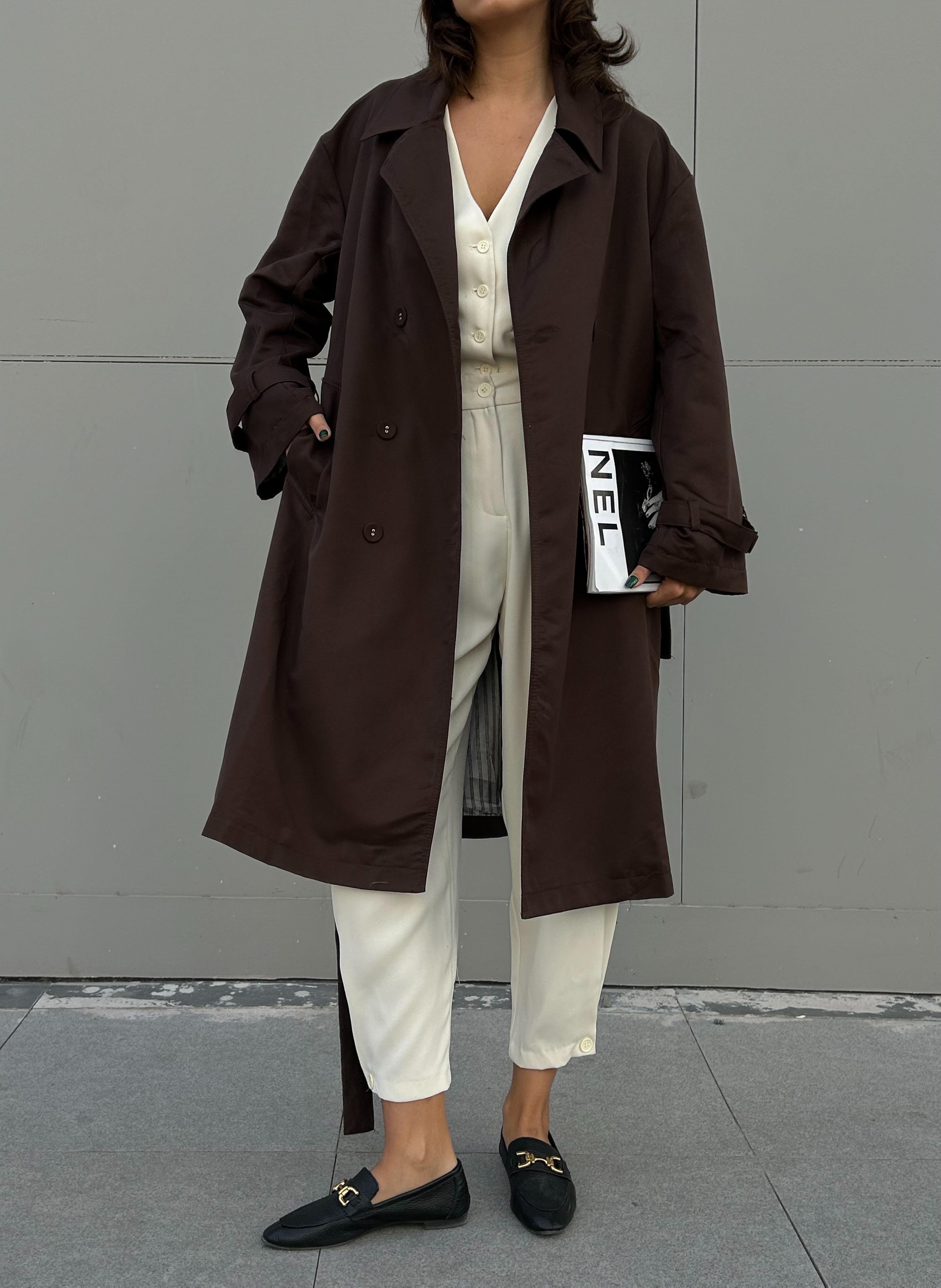 Kadın Kahve Astarı Çizgi Desenli Oversize Trençkot 28119