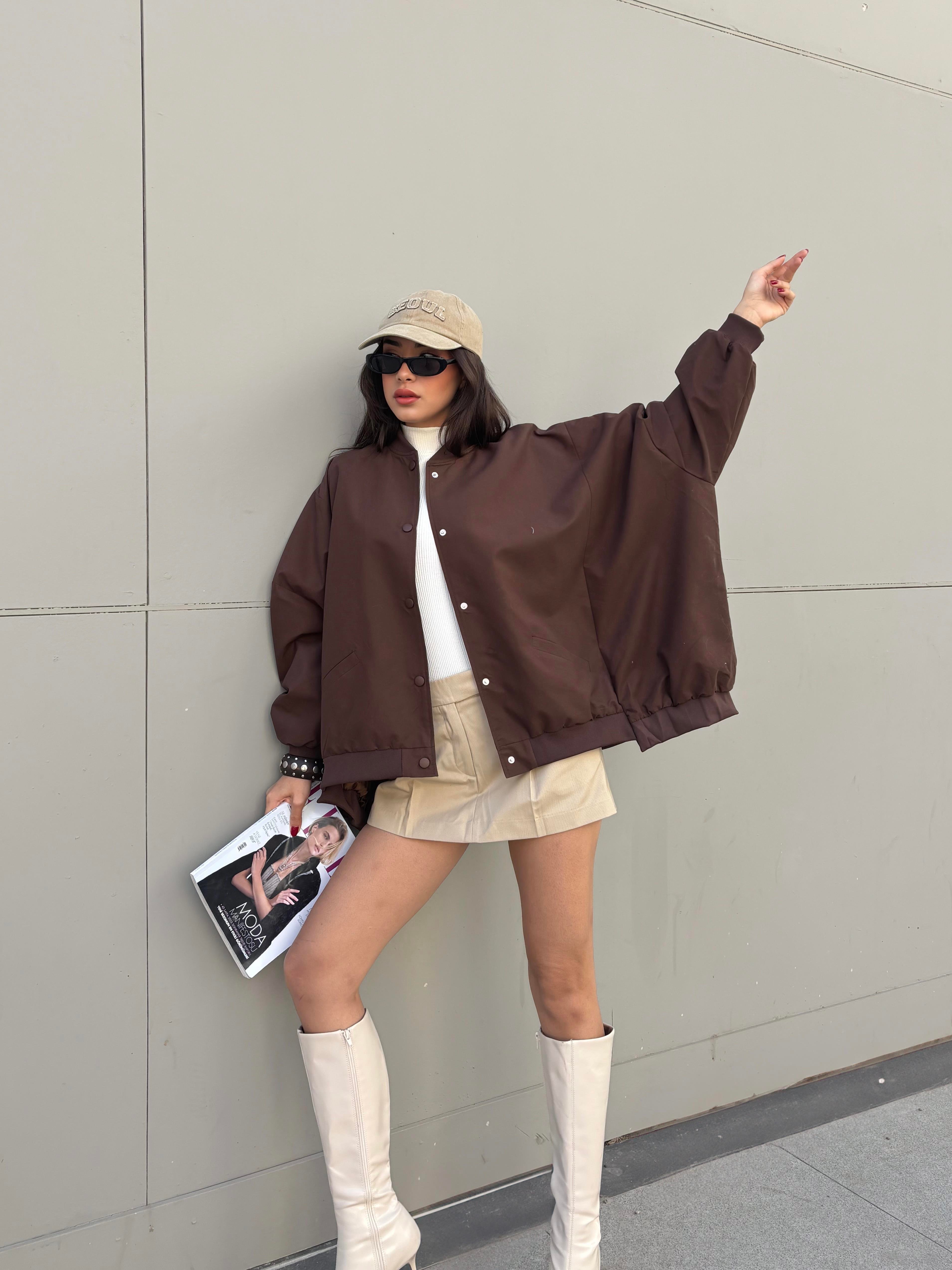 Kadın Kahve Astarlı Oversize Tasarım Trençkot 30050