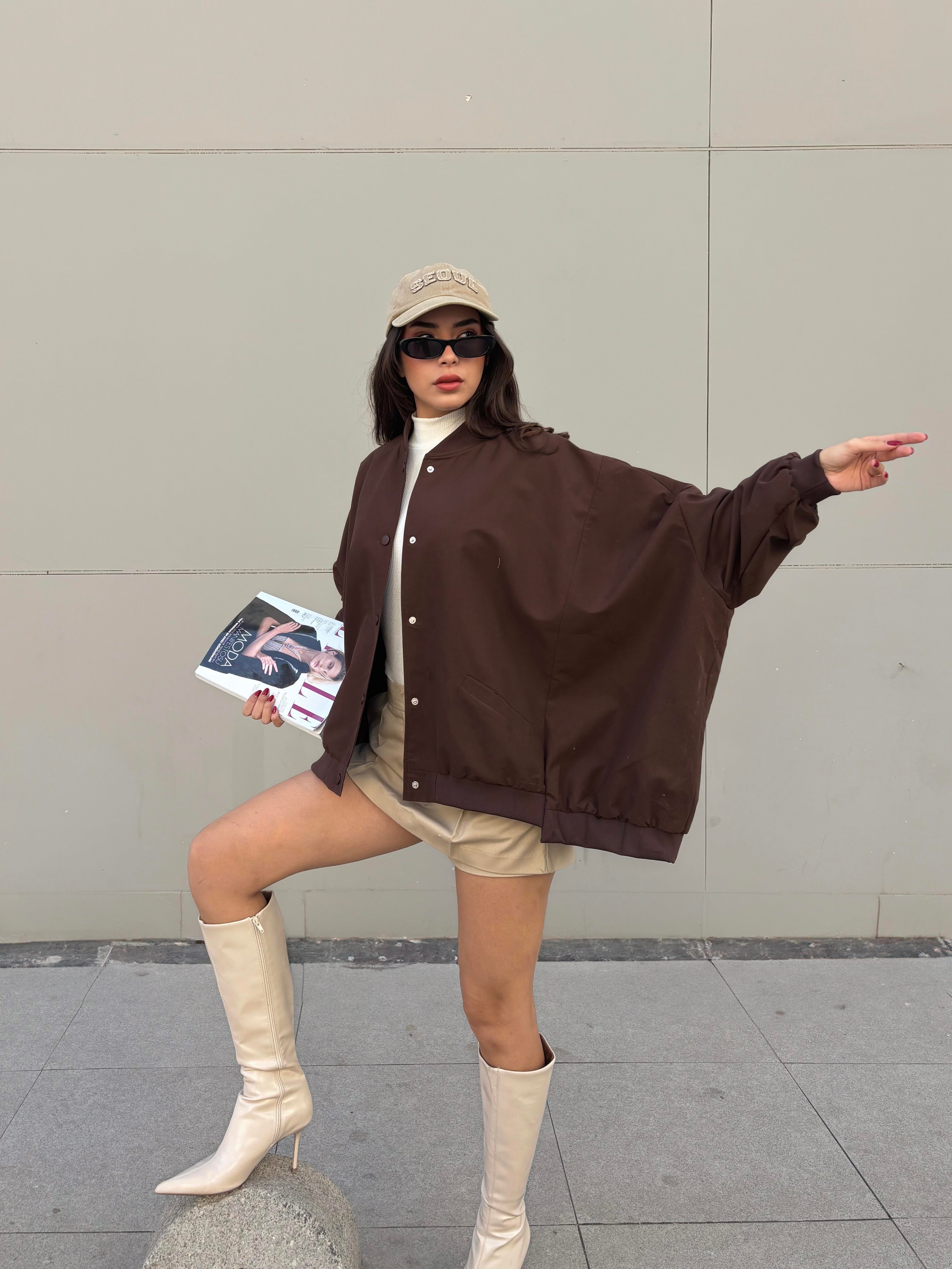 Kadın Kahve Astarlı Oversize Tasarım Trençkot 30050