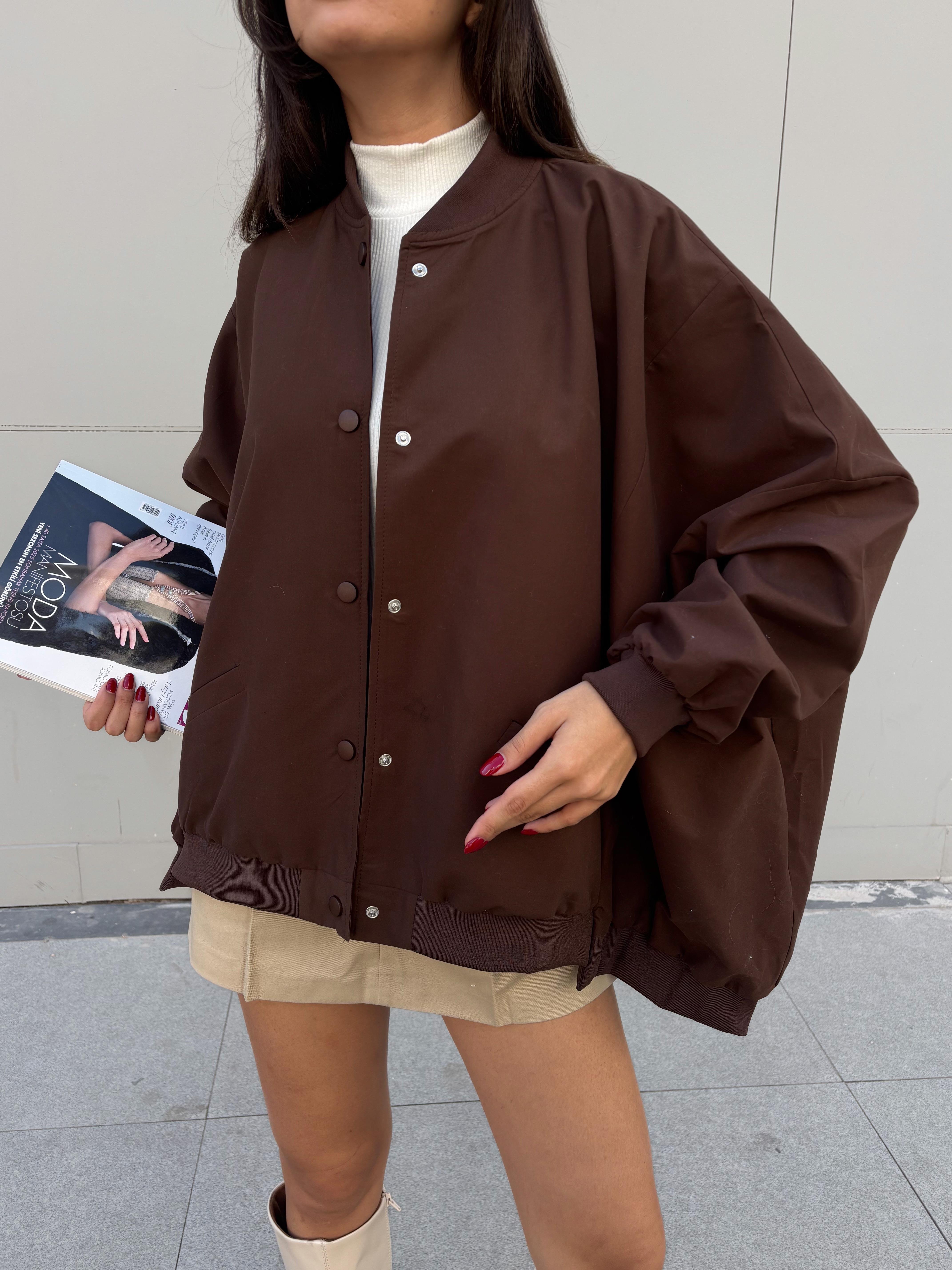 Kadın Kahve Astarlı Oversize Tasarım Trençkot 30050