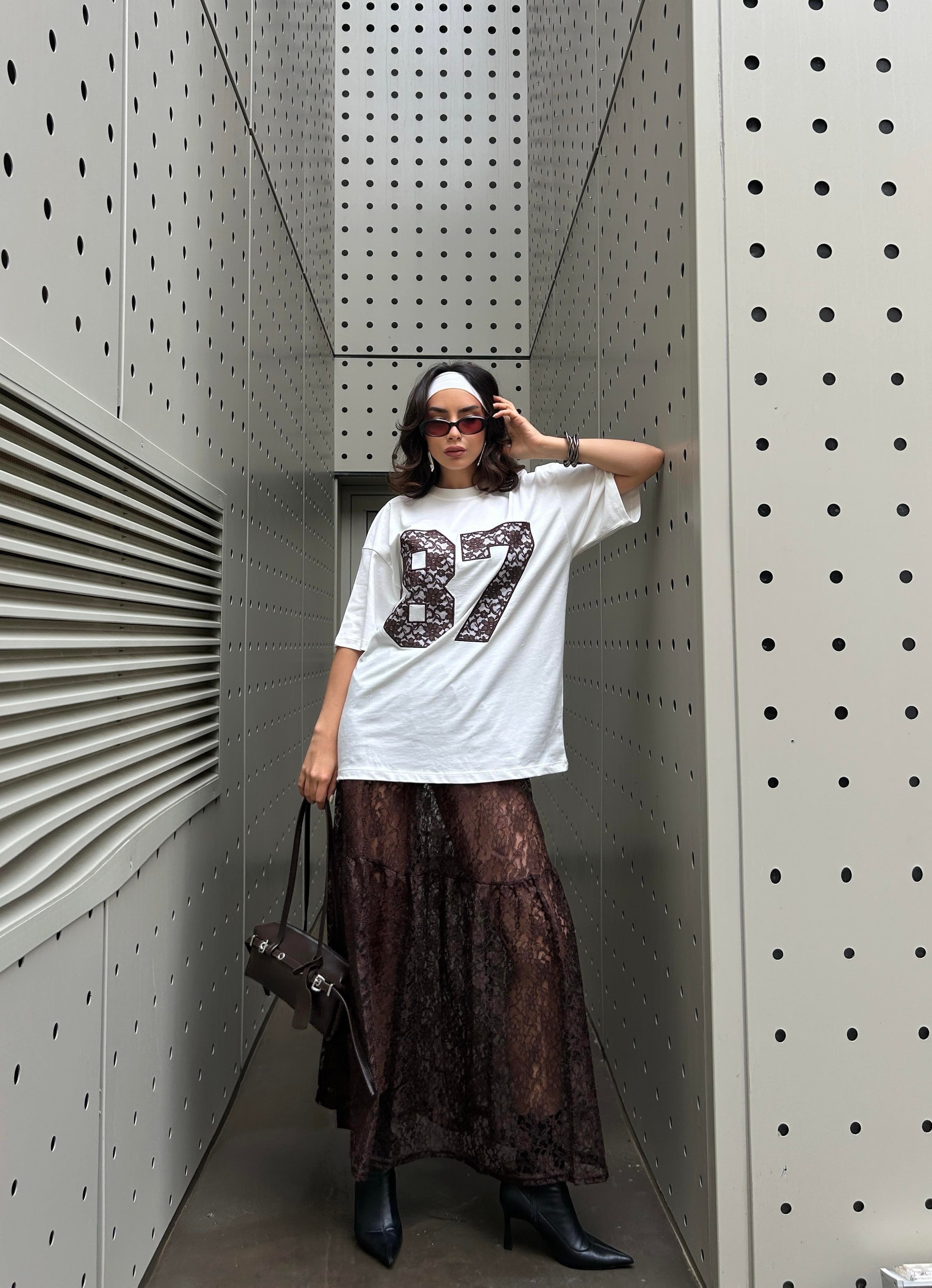 Kadın Kahve Astarsız Dantel Etek 29056