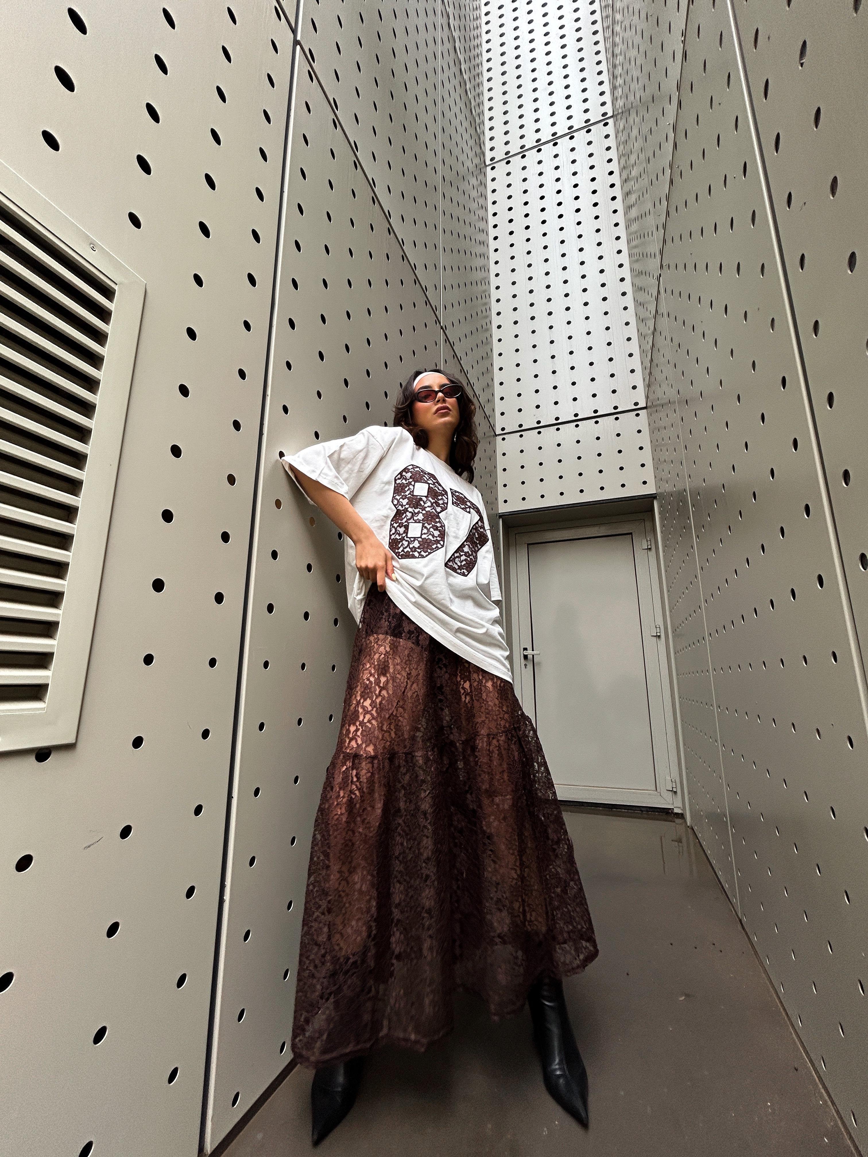 Kadın Kahve Astarsız Dantel Etek 29056