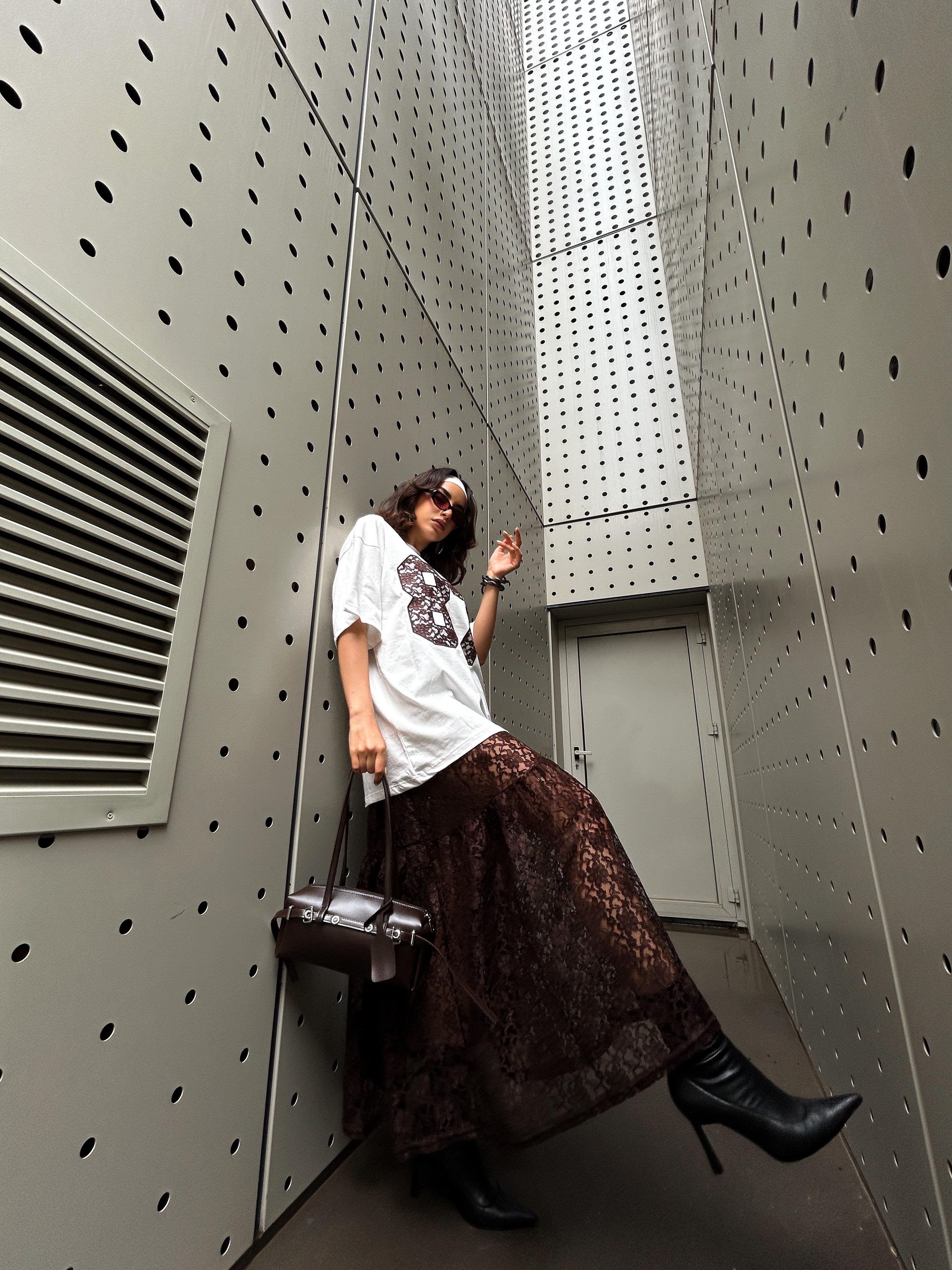 Kadın Kahve Astarsız Dantel Etek 29056