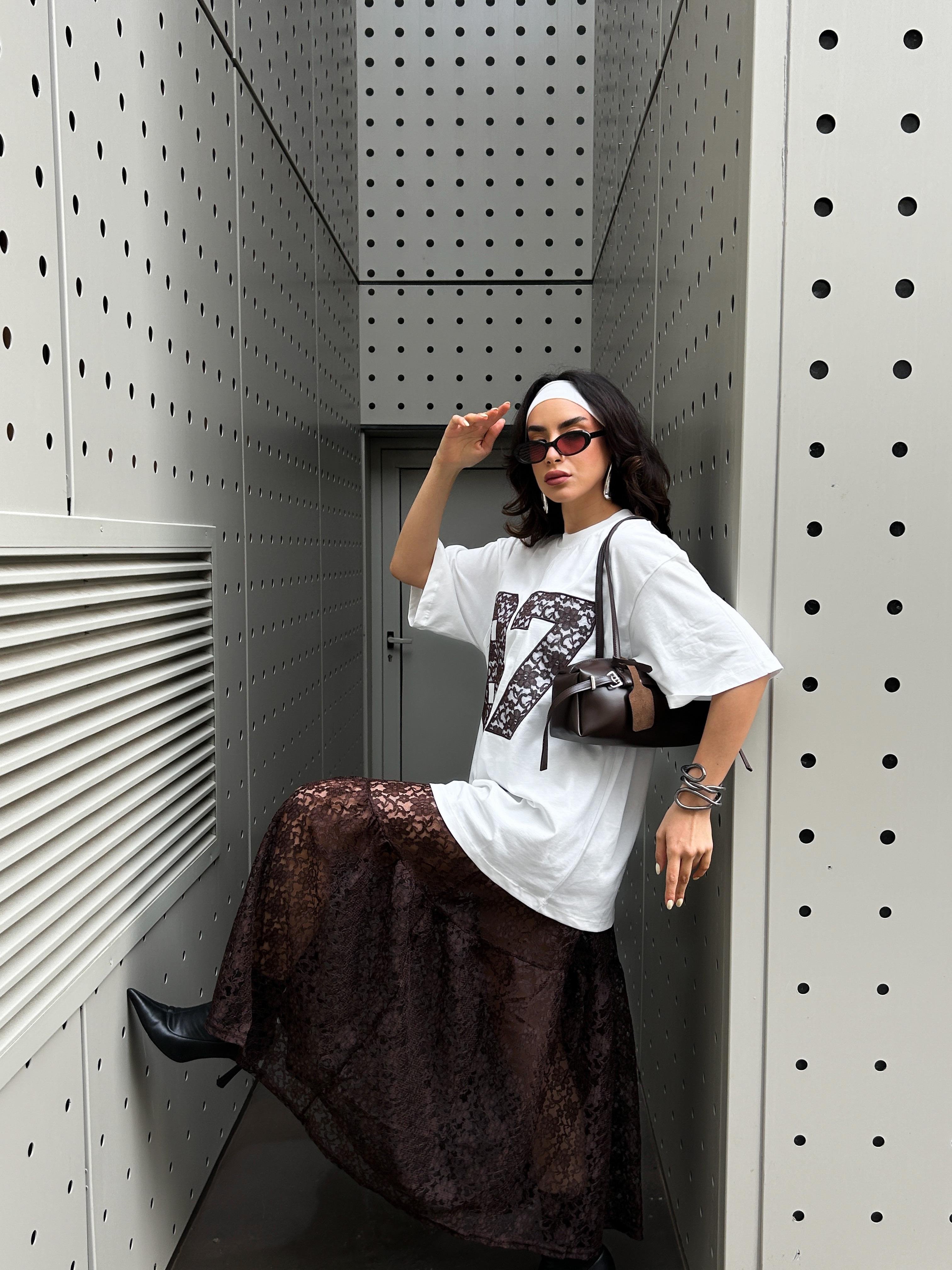 Kadın Kahve Astarsız Dantel Etek 29056