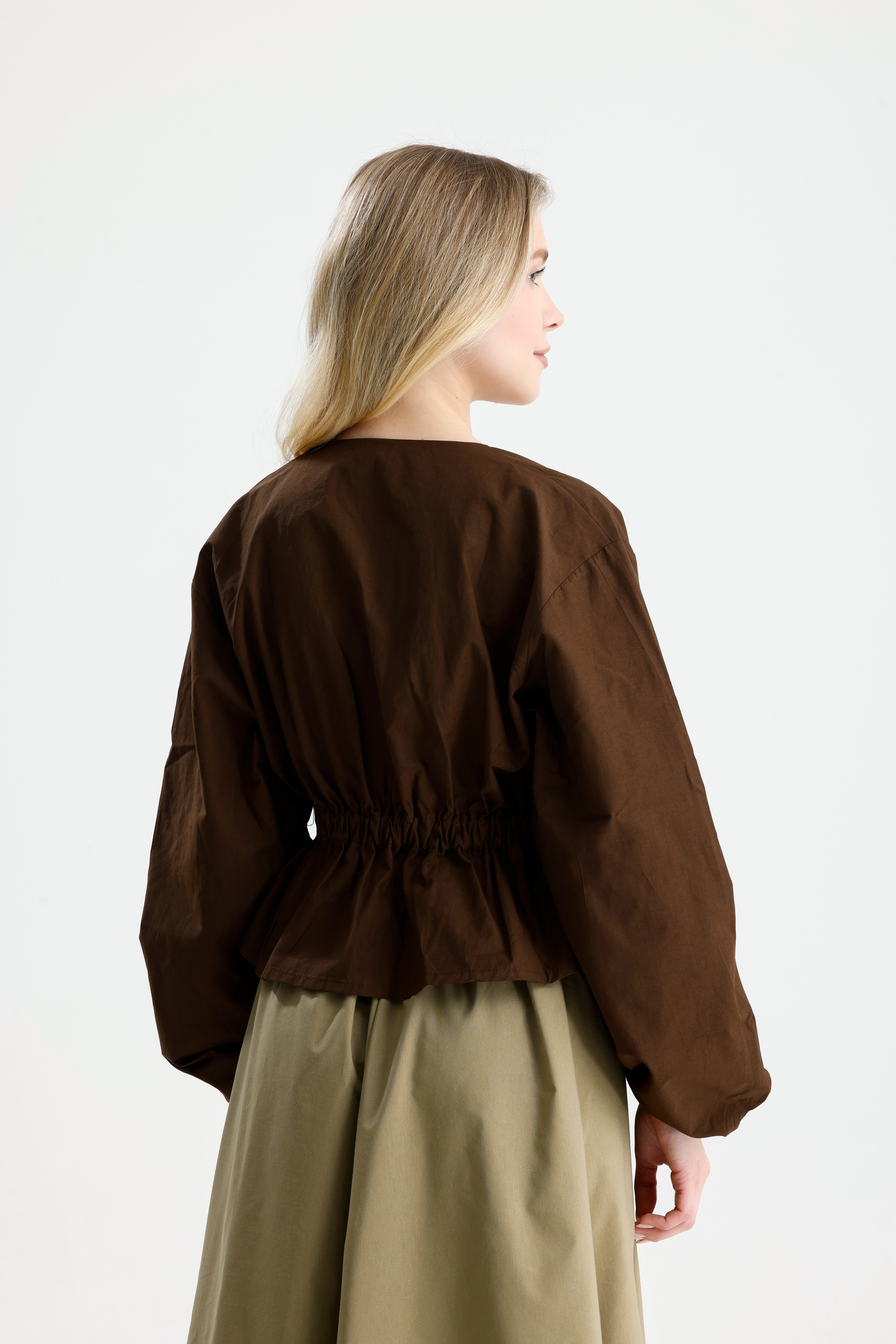 Kadın Kahve Beli Lastik Detaylı Poplin Astarsız Ceket 31039