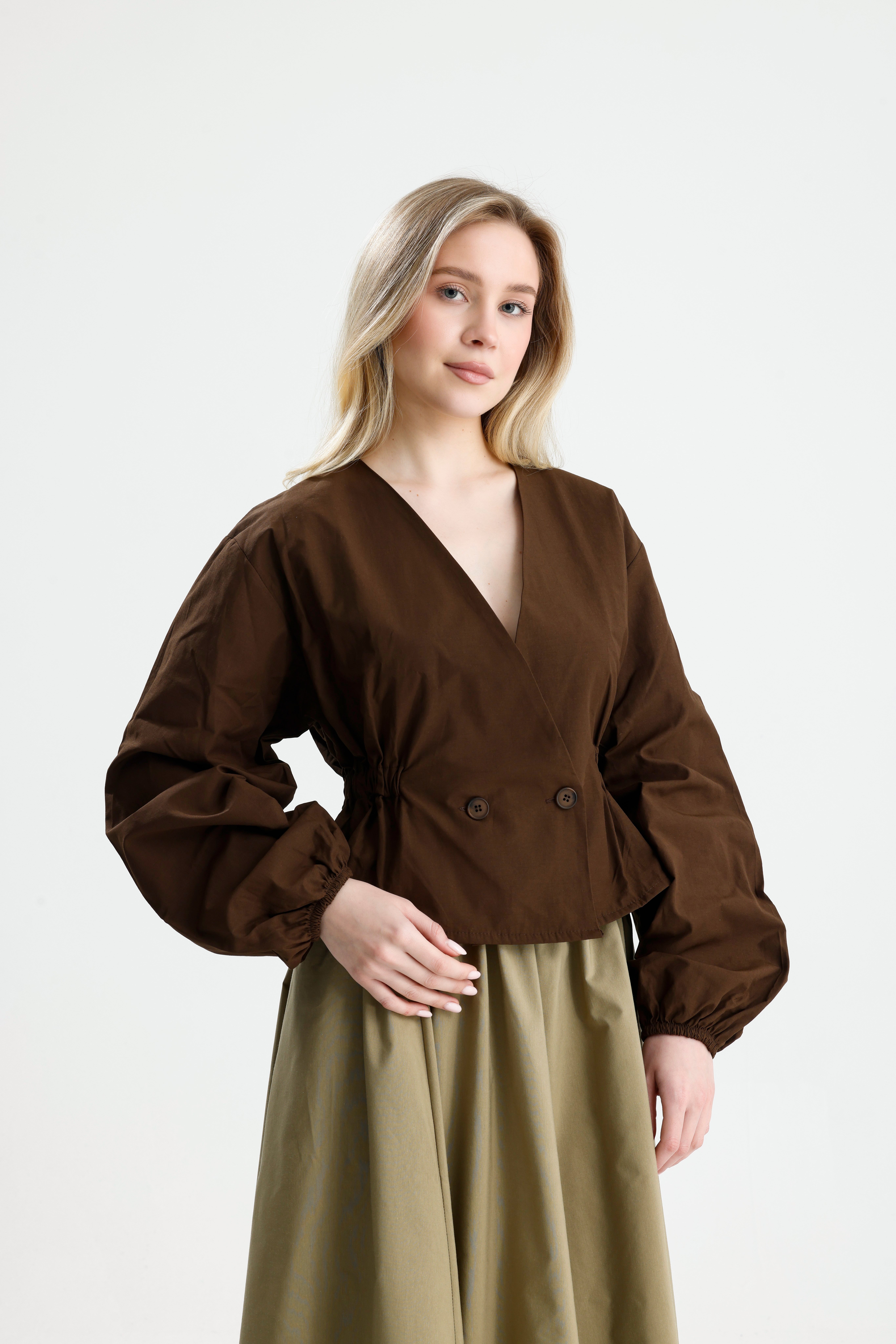Kadın Kahve Beli Lastik Detaylı Poplin Astarsız Ceket 31039