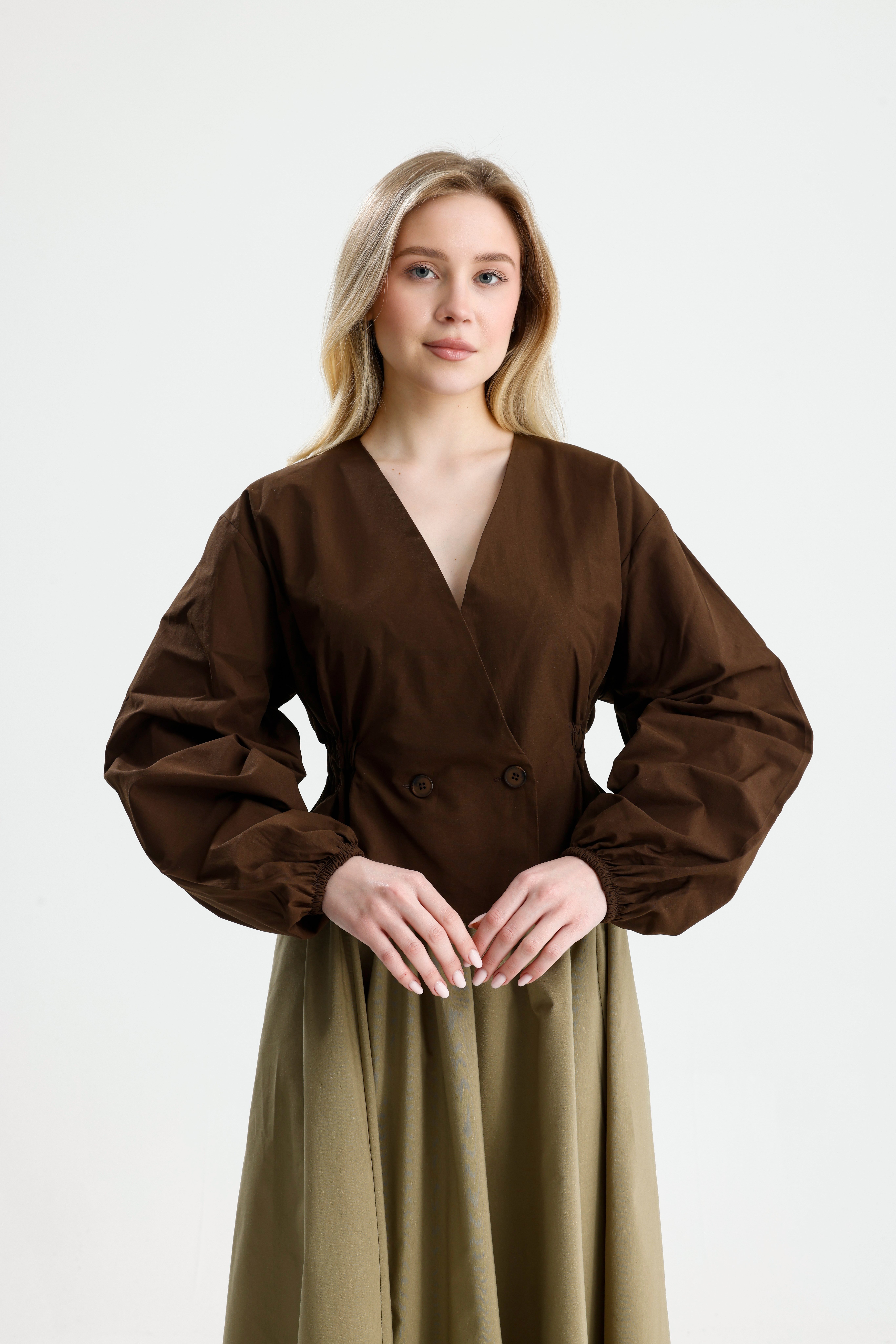 Kadın Kahve Beli Lastik Detaylı Poplin Astarsız Ceket 31039