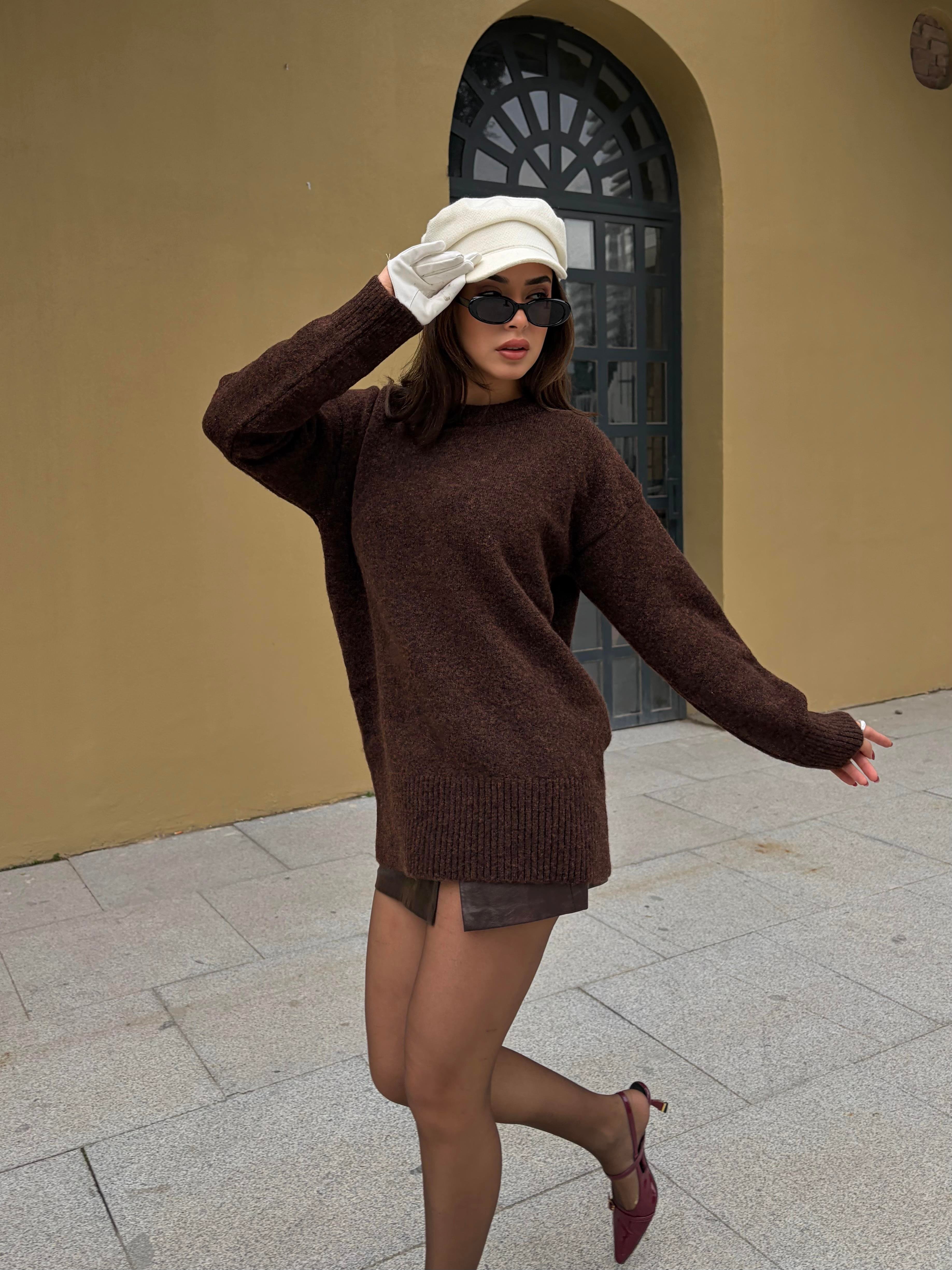 Kadın Kahve Bisiklet Yaka Tunik Boy Kazak 7035