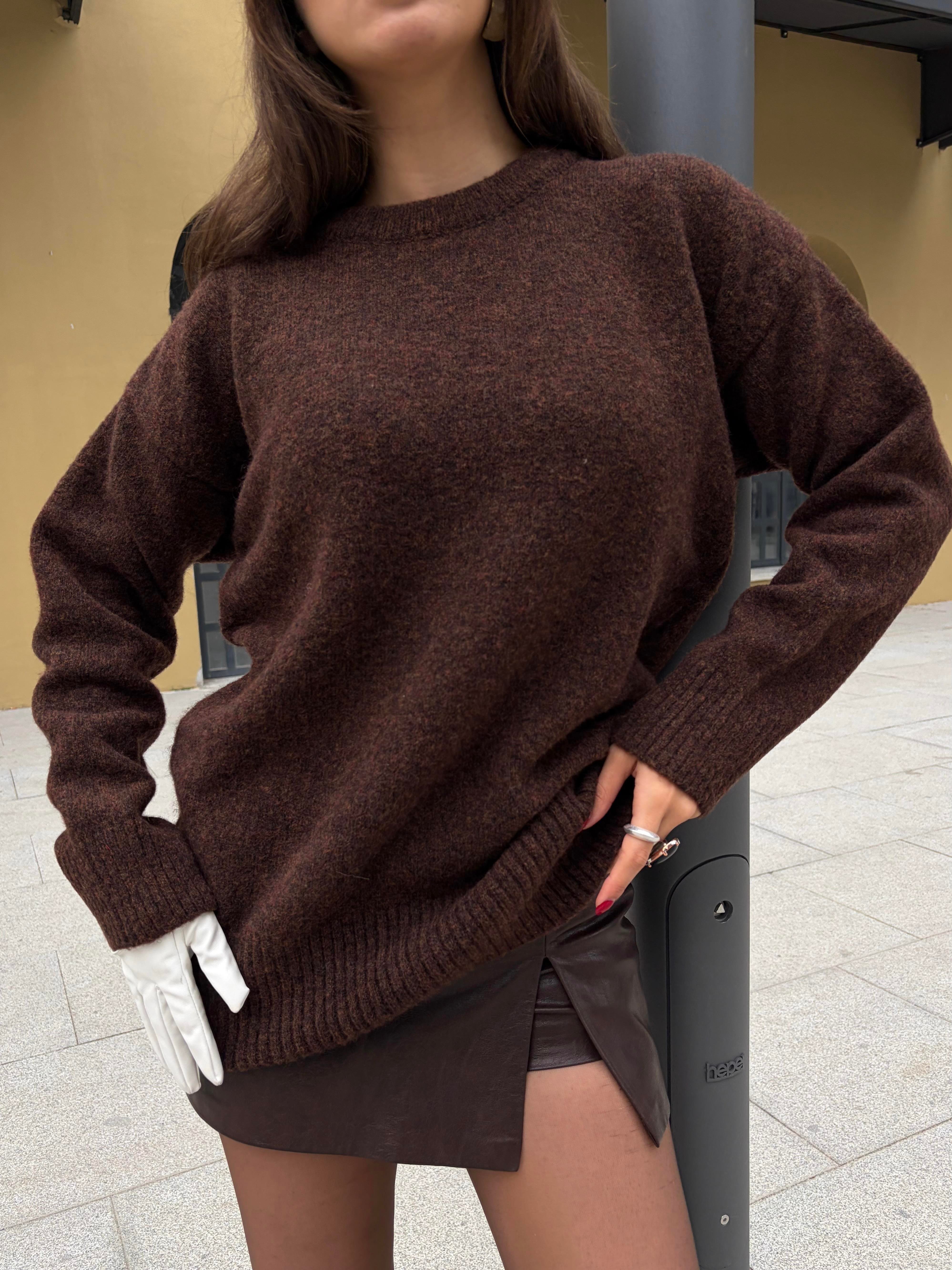 Kadın Kahve Bisiklet Yaka Tunik Boy Kazak 7035