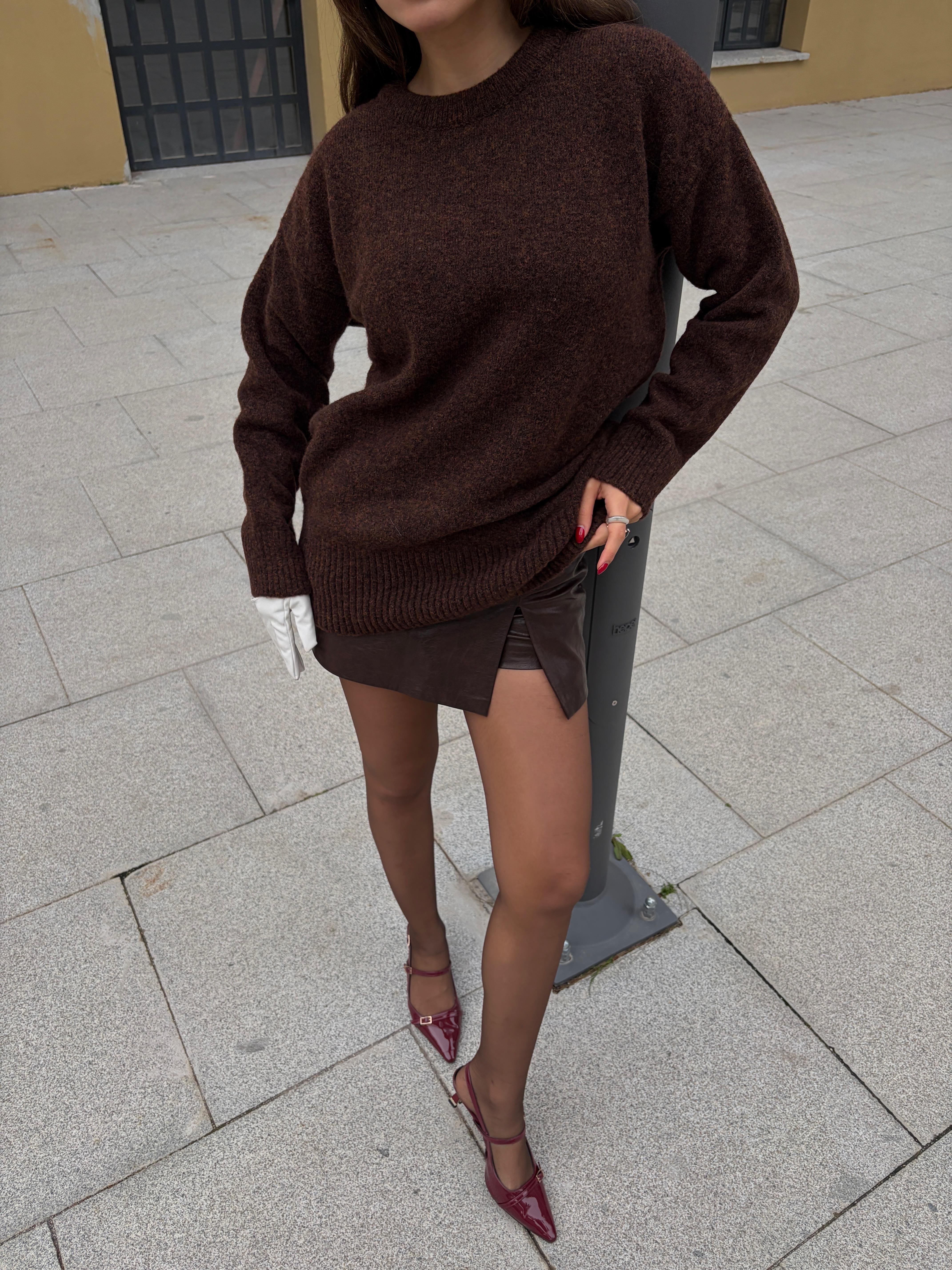 Kadın Kahve Bisiklet Yaka Tunik Boy Kazak 7035