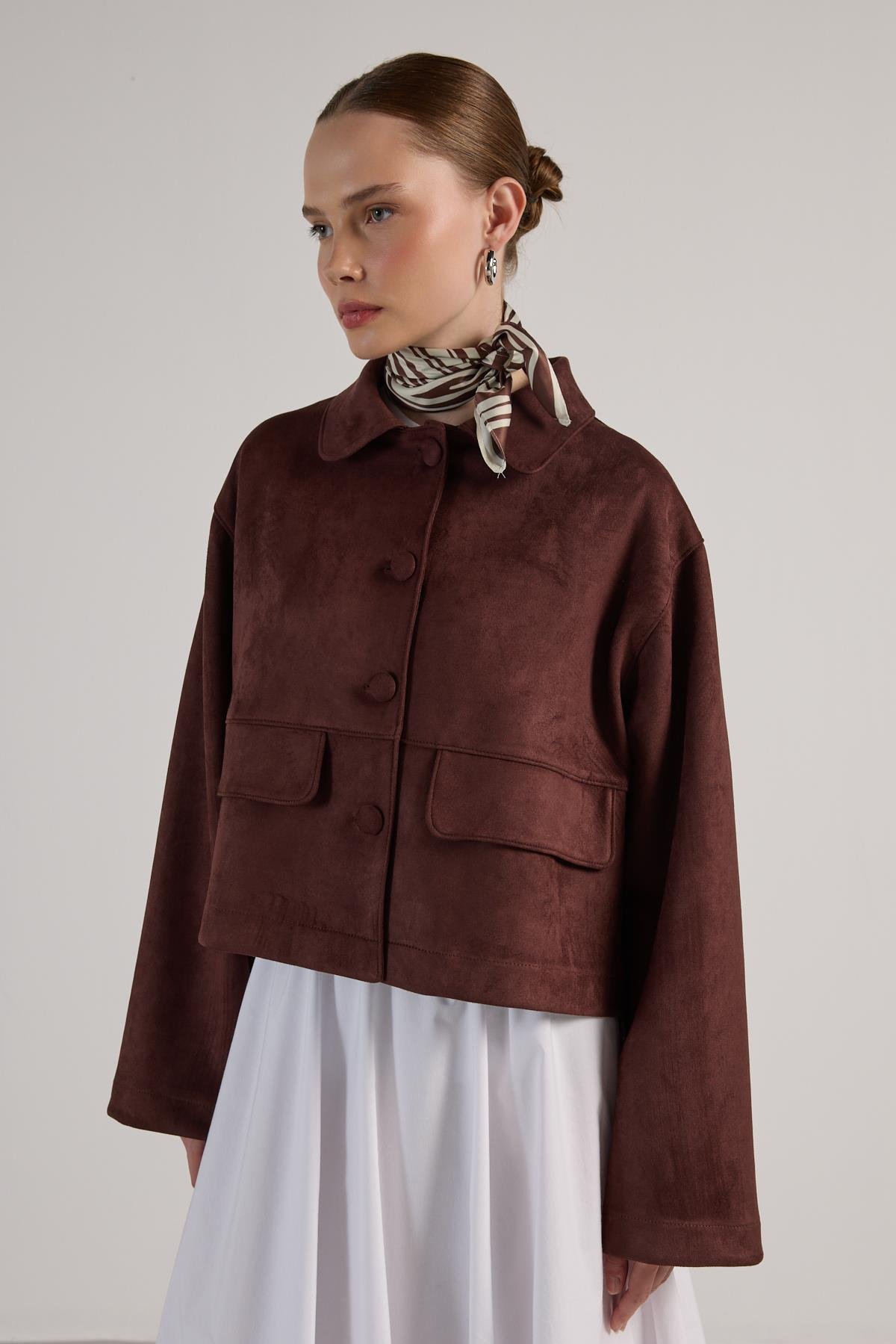 Kadın Kahve Dalgıç Süet Kısa Ceket 30042