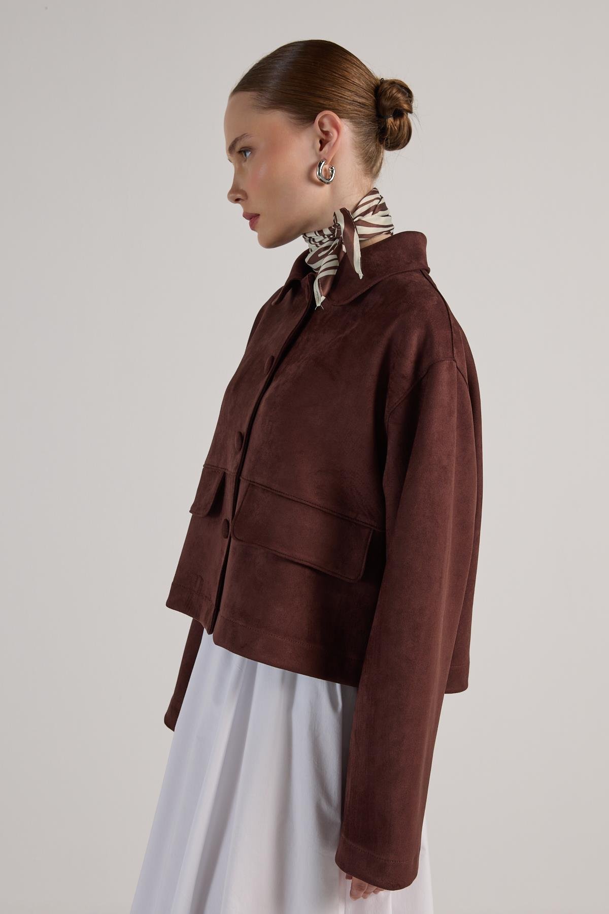 Kadın Kahve Dalgıç Süet Kısa Ceket 30042