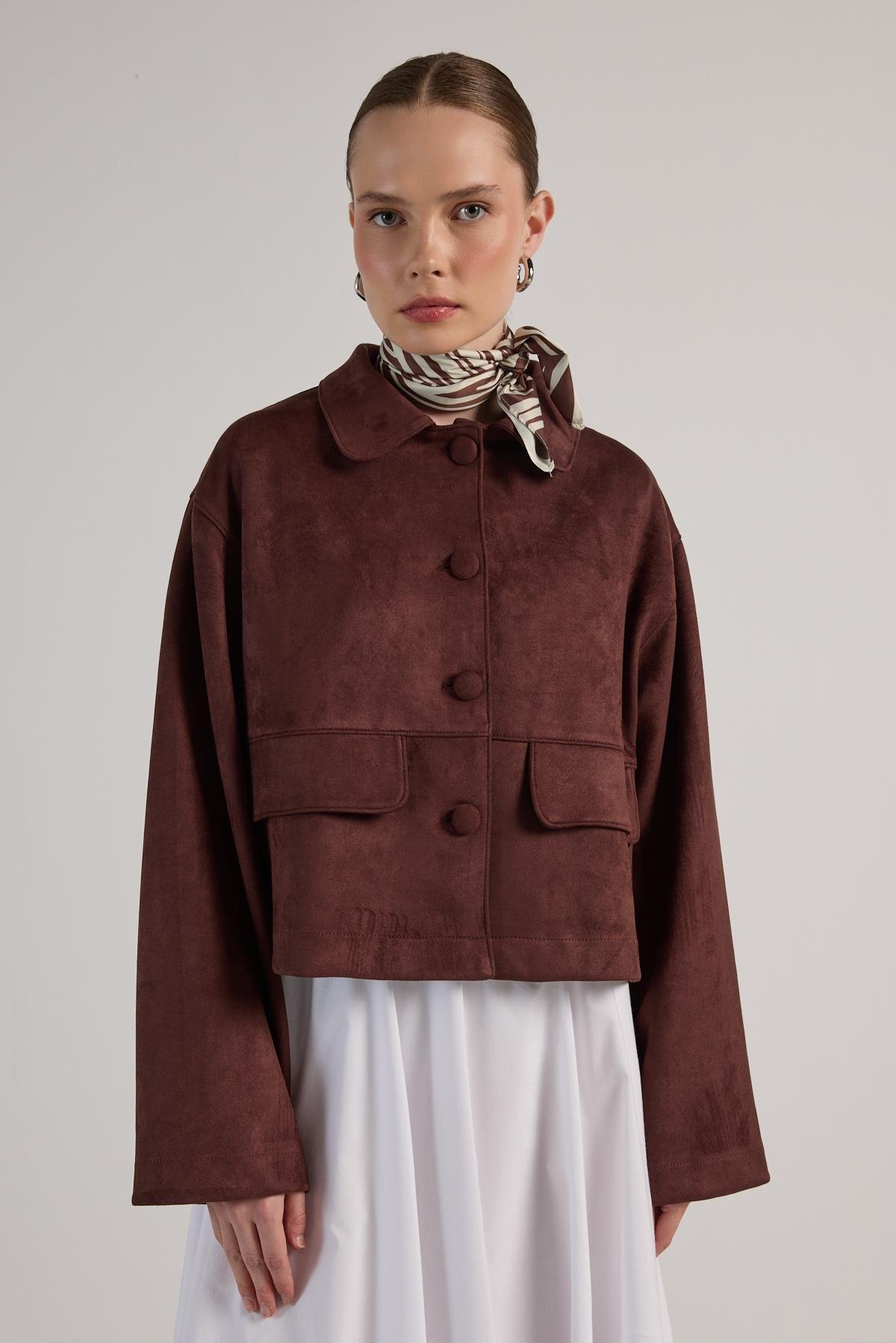 Kadın Kahve Dalgıç Süet Kısa Ceket 30042