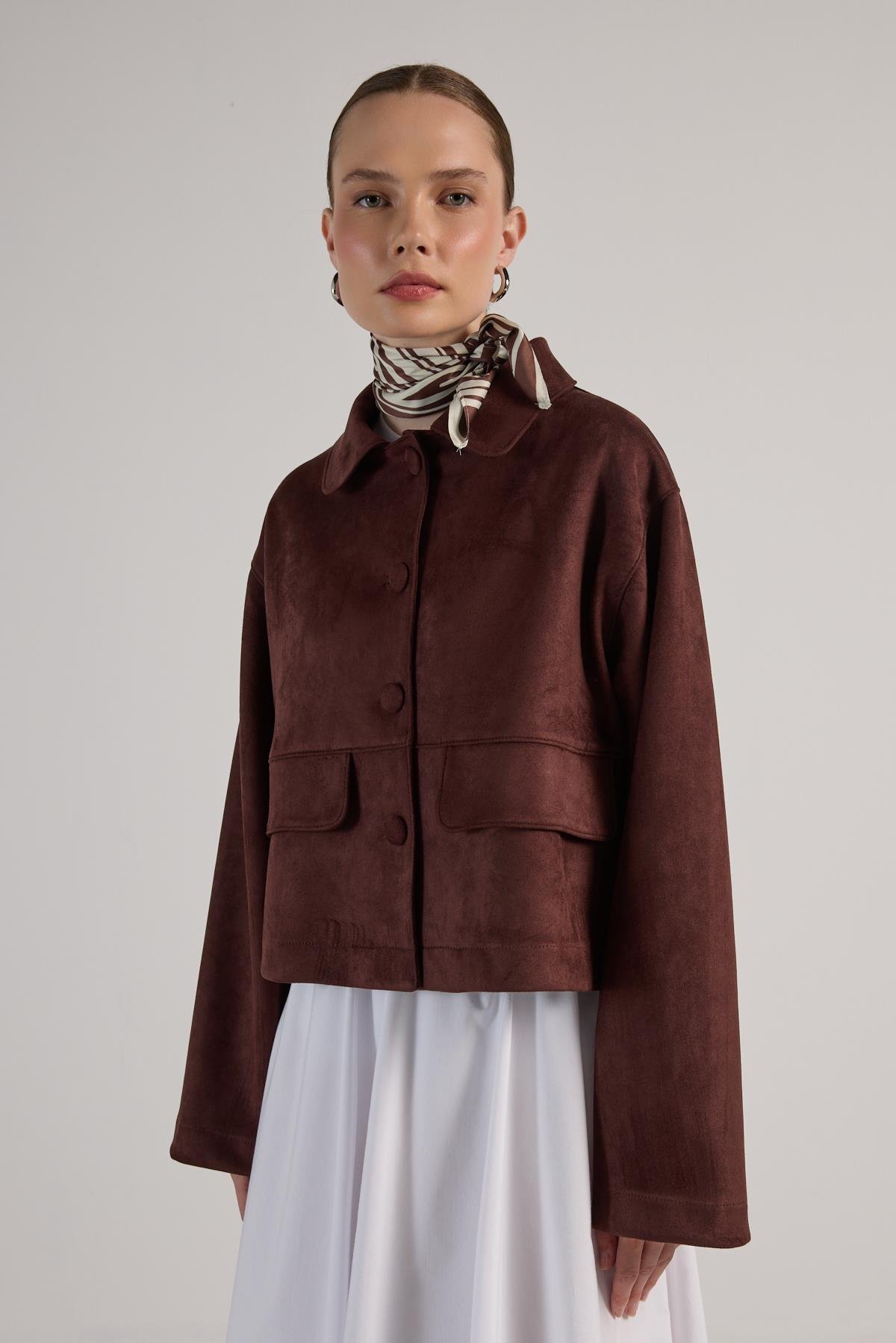 Kadın Kahve Dalgıç Süet Kısa Ceket 30042